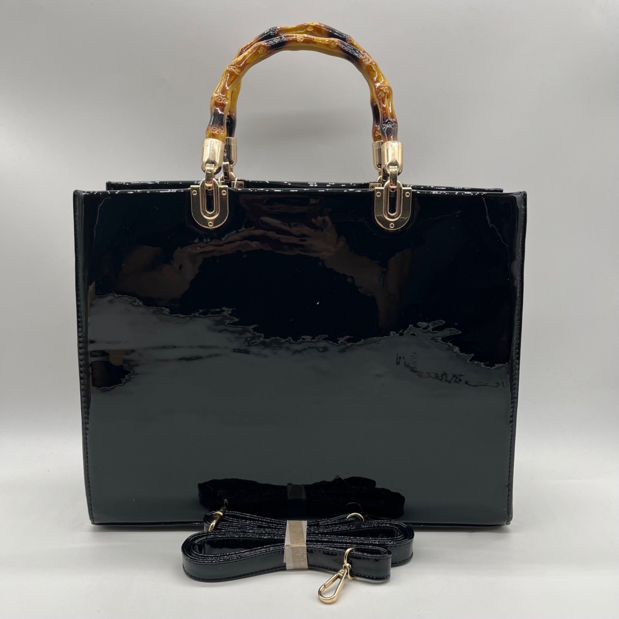 Dasein Black Patent Faux Leather Bamboo Handle Tote Bag