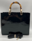 Dasein Black Patent Faux Leather Bamboo Handle Tote Bag