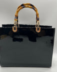 Dasein Black Patent Faux Leather Bamboo Handle Tote Bag