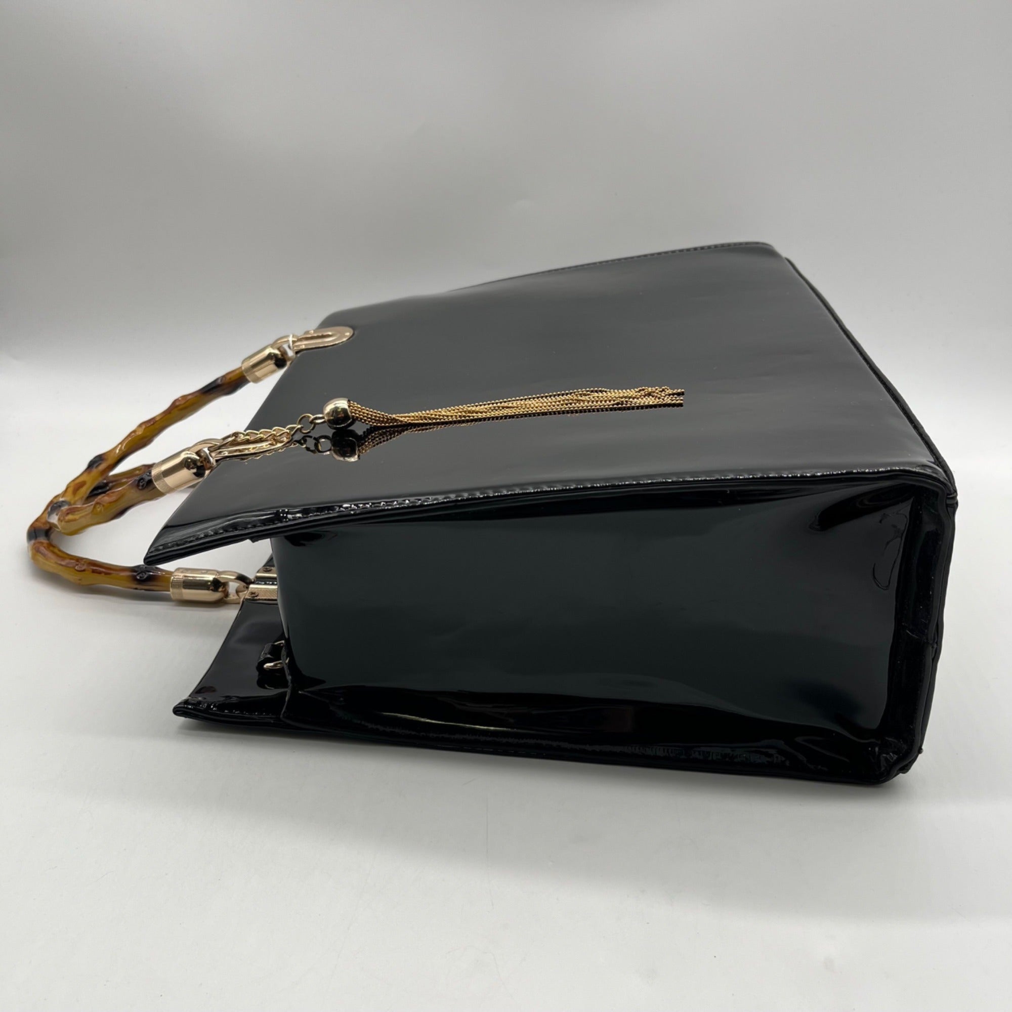 Dasein Black Patent Faux Leather Bamboo Handle Tote Bag