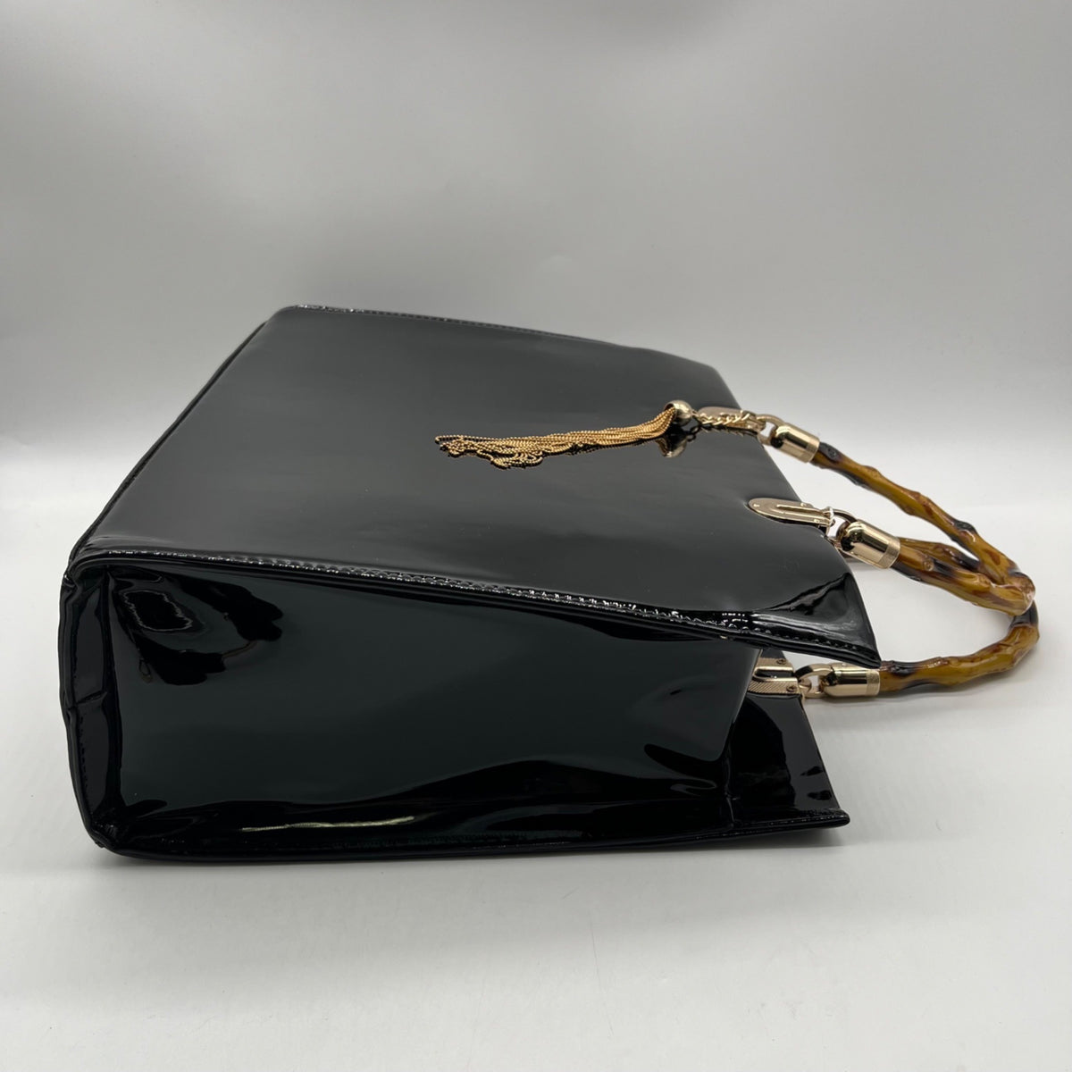 Dasein Black Patent Faux Leather Bamboo Handle Tote Bag