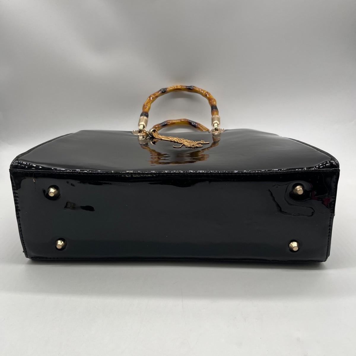 Dasein Black Patent Faux Leather Bamboo Handle Tote Bag