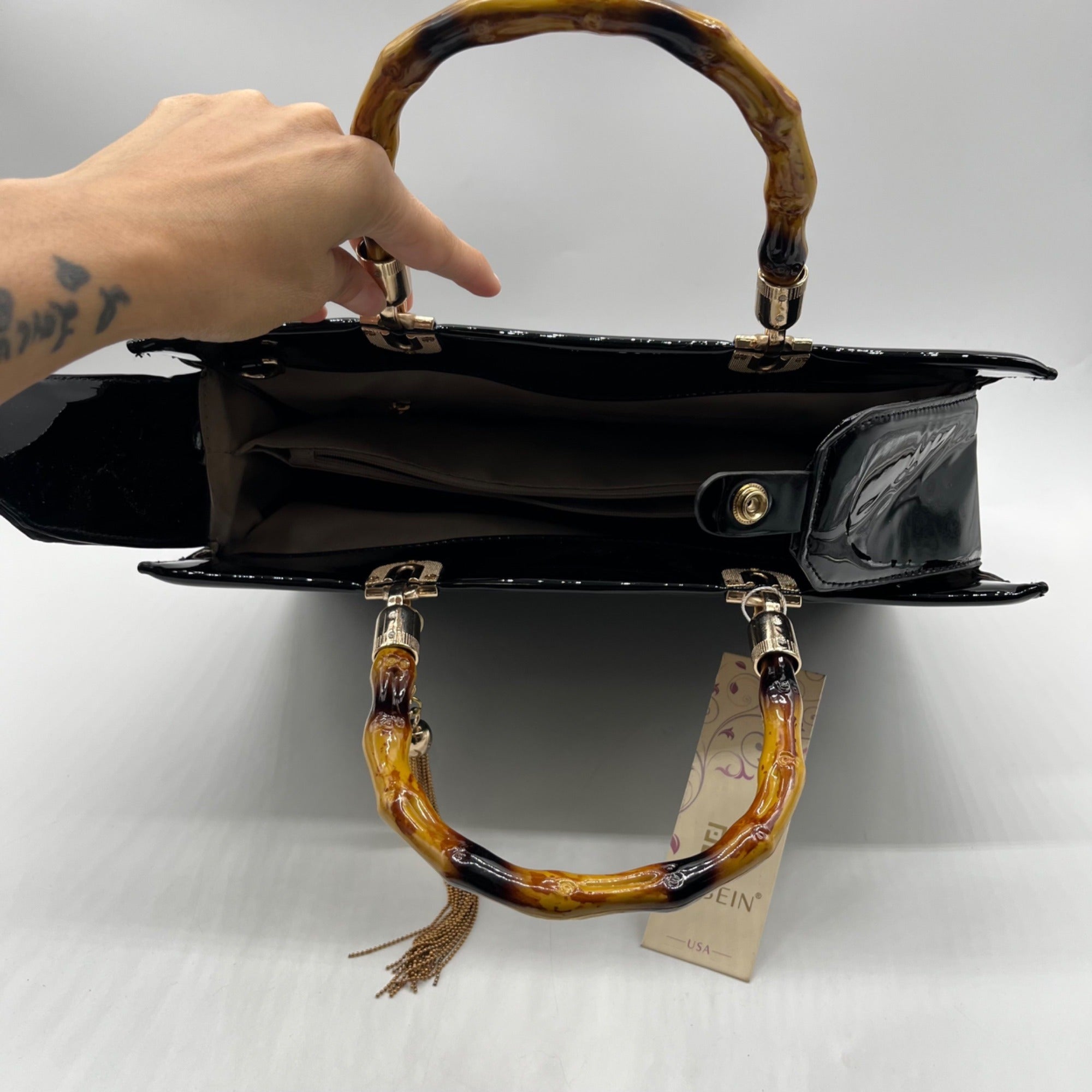 Dasein Black Patent Faux Leather Bamboo Handle Tote Bag