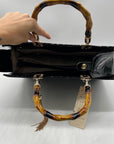 Dasein Black Patent Faux Leather Bamboo Handle Tote Bag