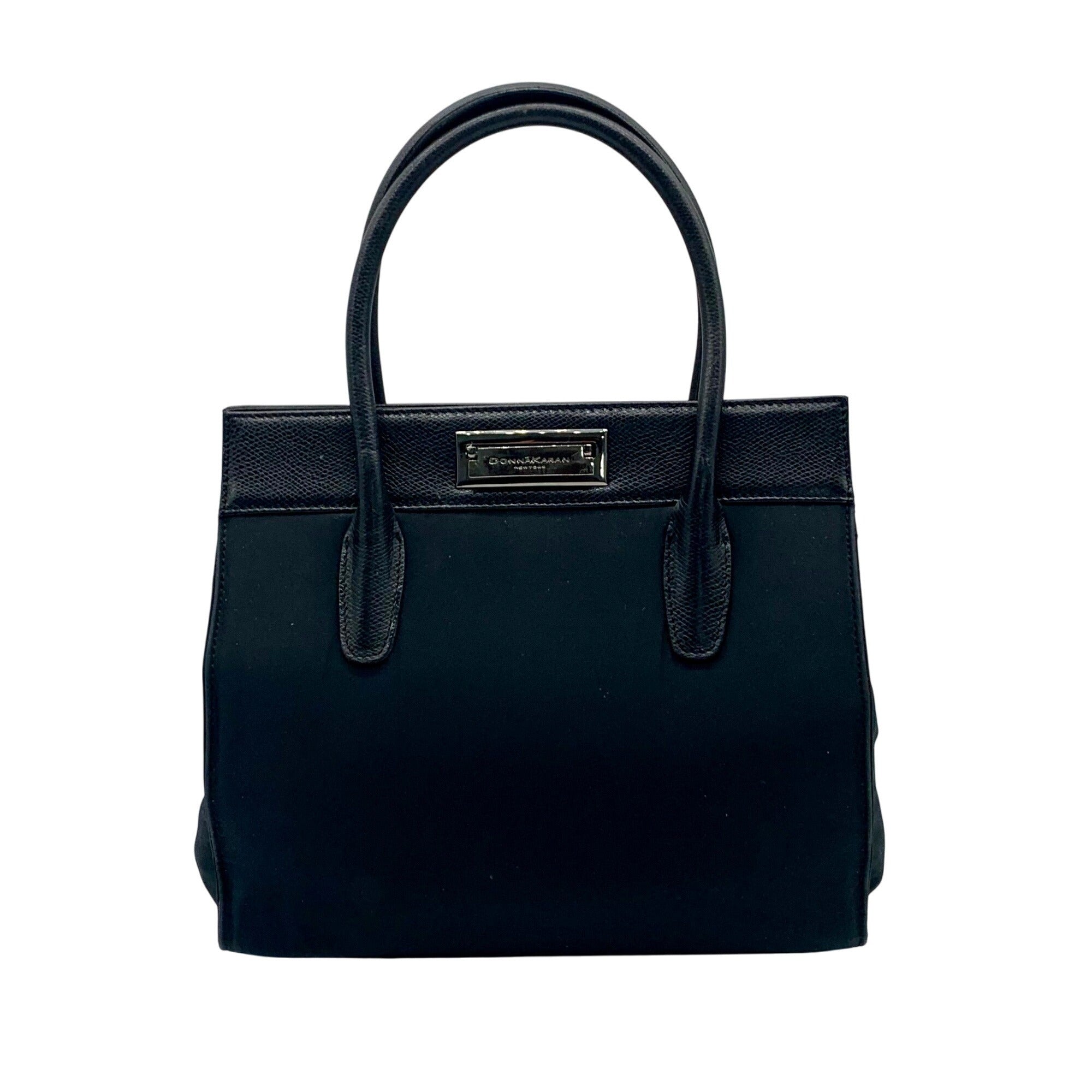 Donna Karan Black Satin &amp; Embossed Leather Trim Crossbody Tote