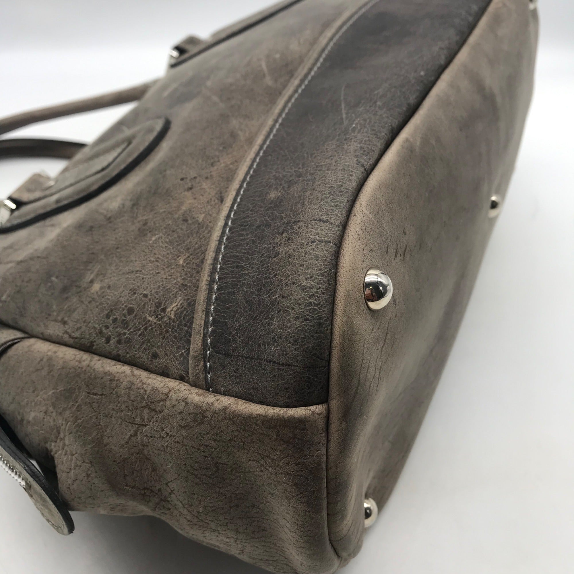 Longchamp Grey Distressed Leather Cosmo Satchel Bag