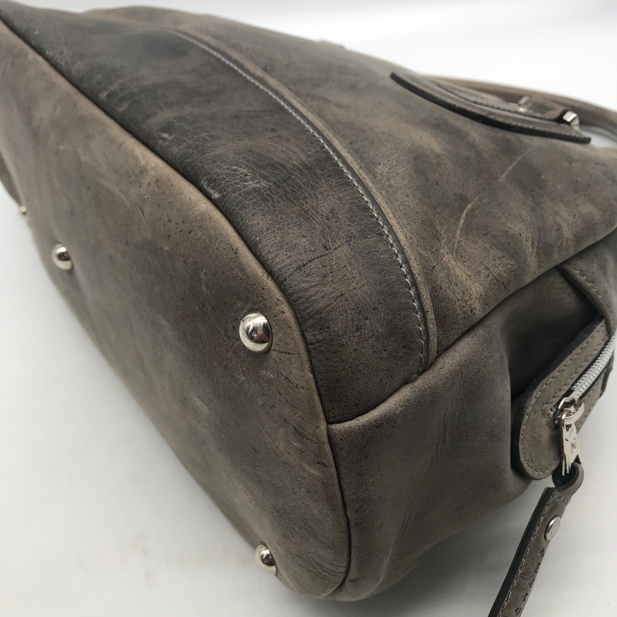 Longchamp Grey Distressed Leather Cosmo Satchel Bag