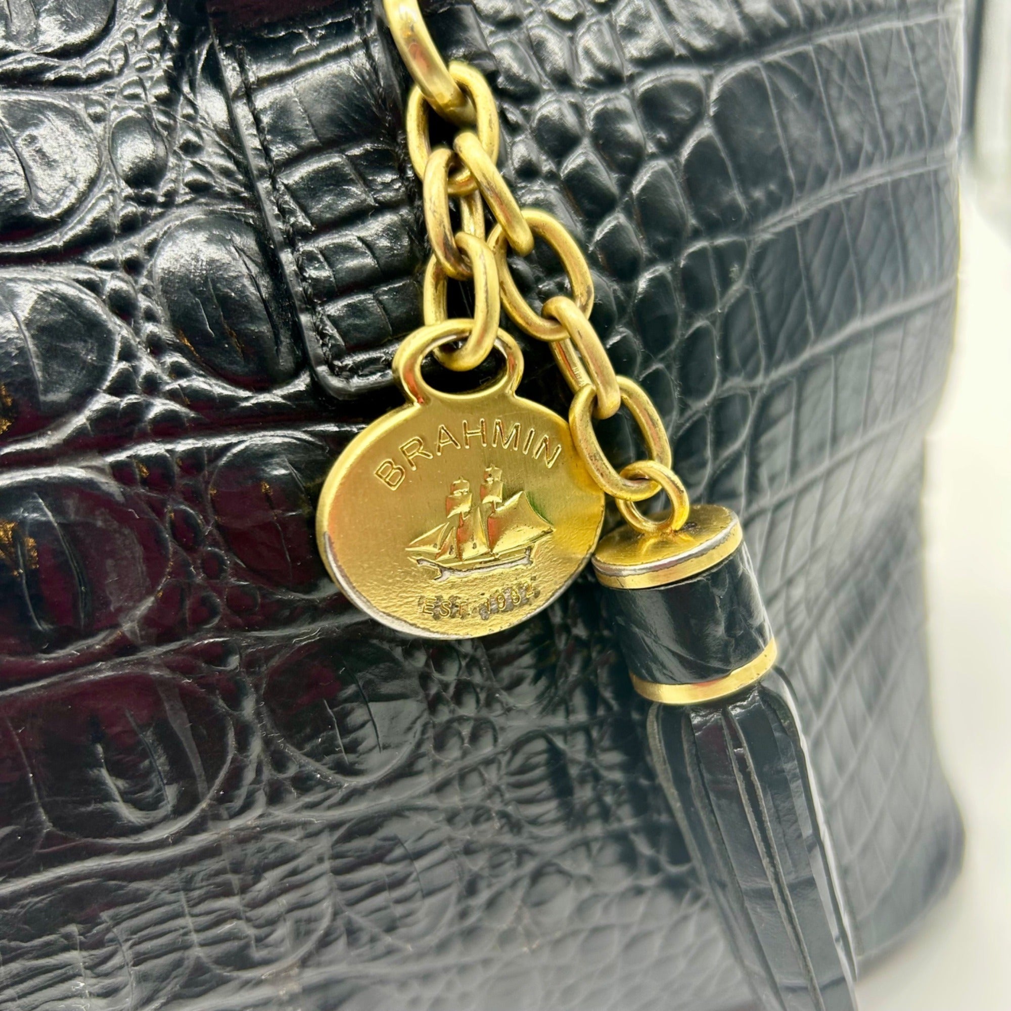 Brahmin Black Croc-Embossed Leather Mini Asher Shoulder Bag