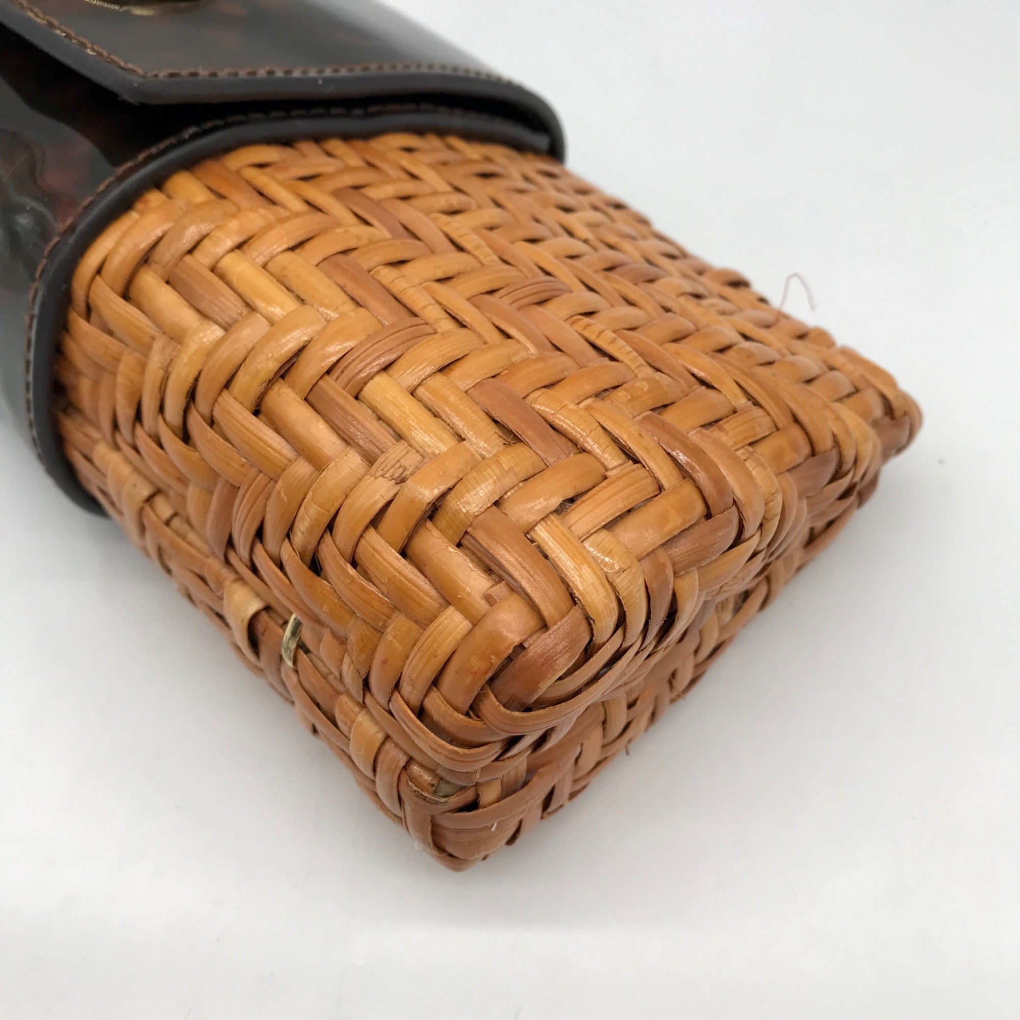 Tory Burch Brown Straw And Patent Leather Rattan Clutch