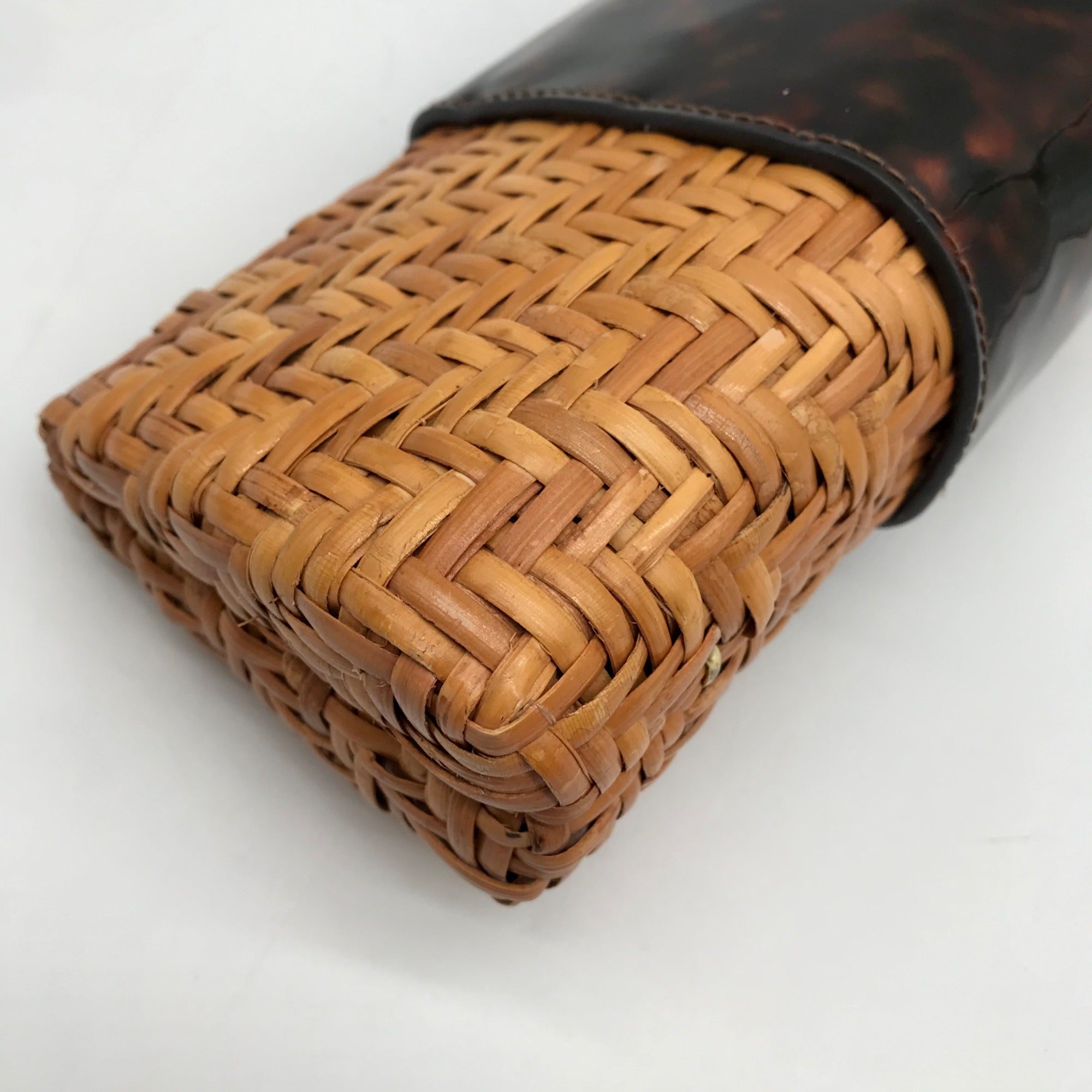 Tory Burch Brown Straw And Patent Leather Rattan Clutch