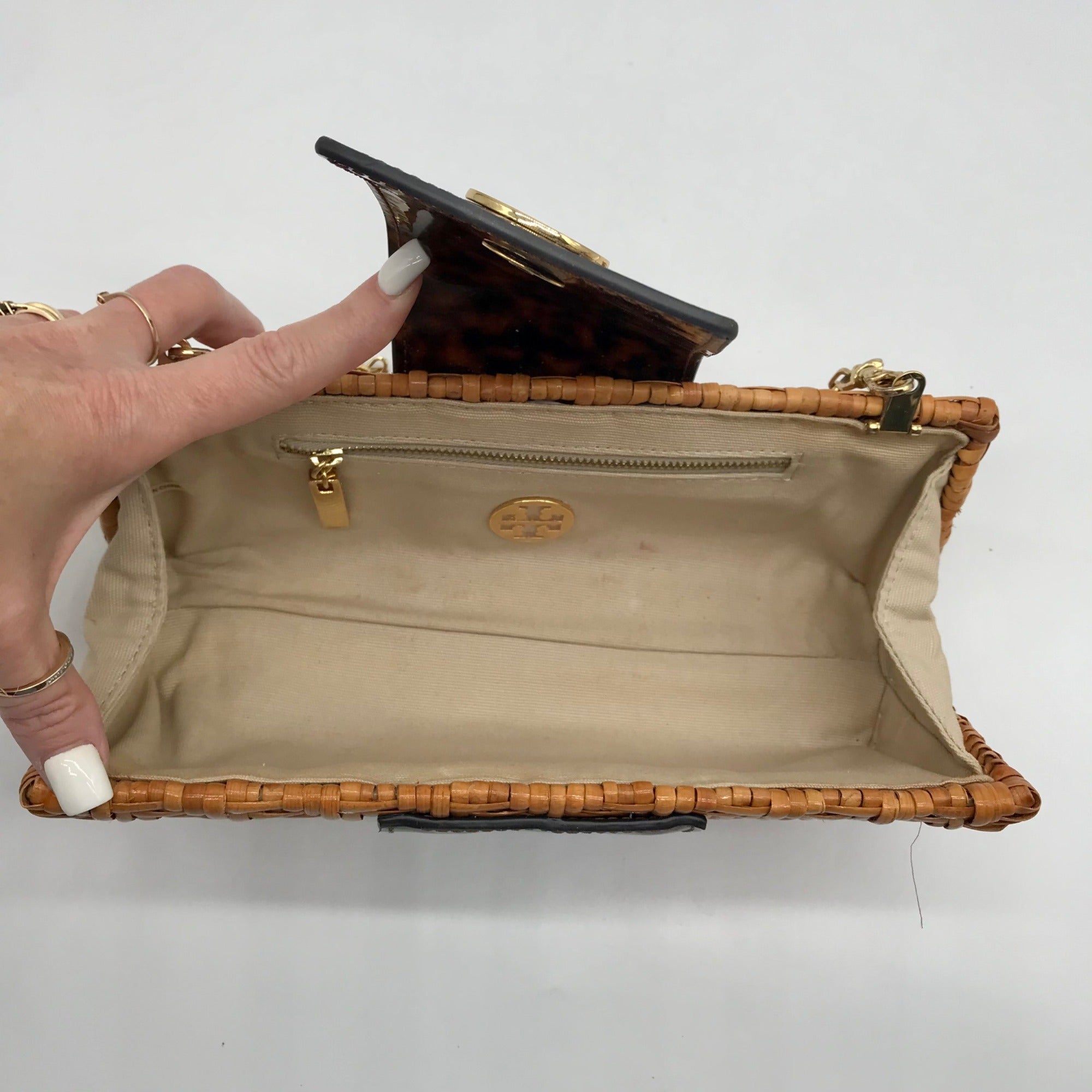 Tory Burch Brown Straw And Patent Leather Rattan Clutch