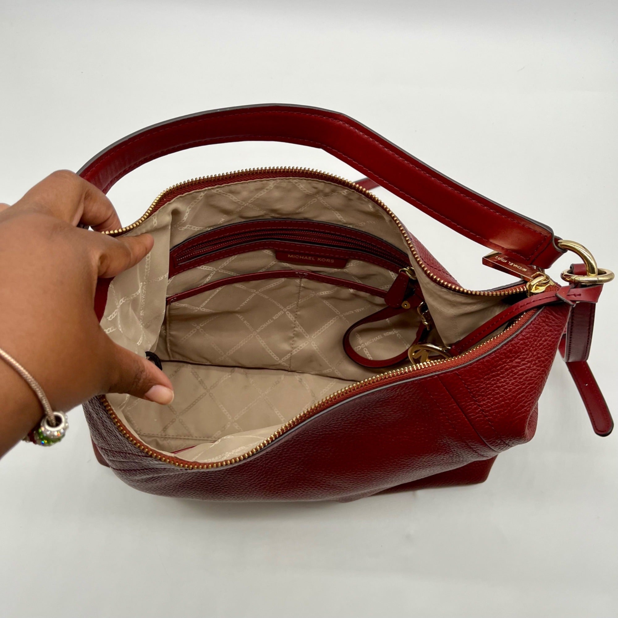 Michael Kors Red Aria Large Pebbled Leather Shoulder Bag