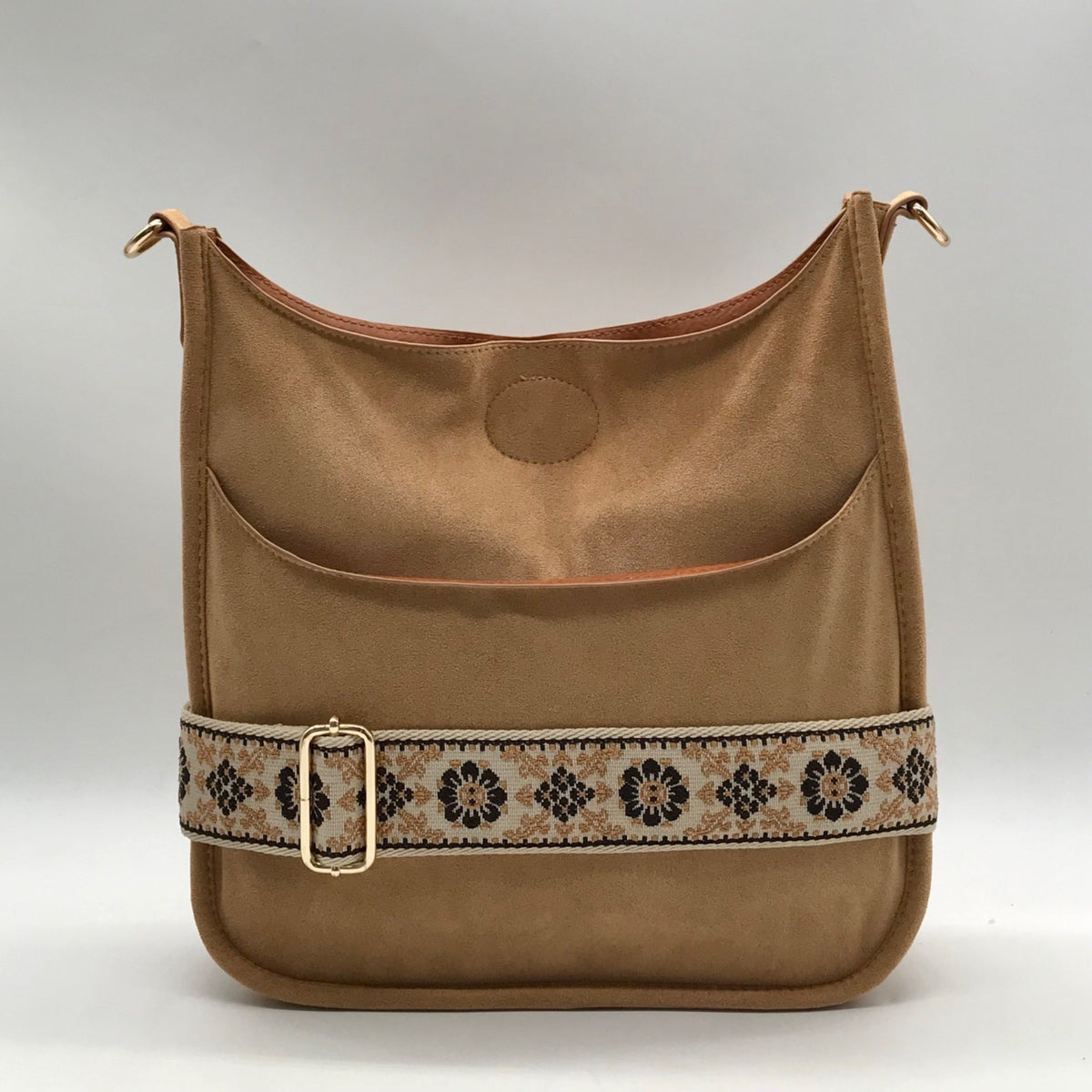 Light Brown Faux Suede &amp; Gold Accents Crossbody Bag