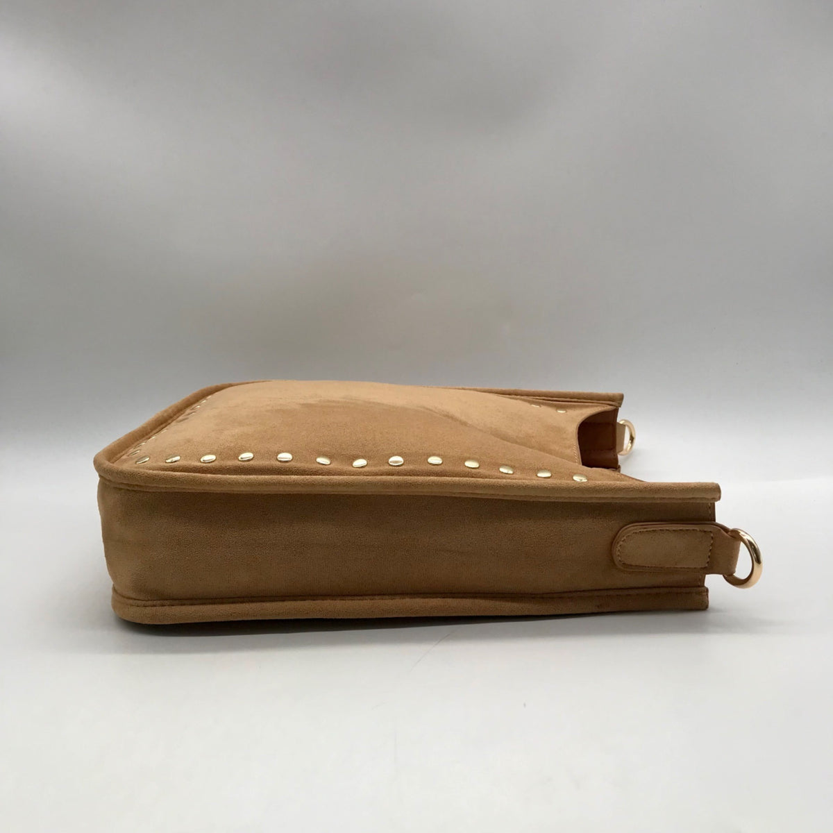 Light Brown Faux Suede &amp; Gold Accents Crossbody Bag