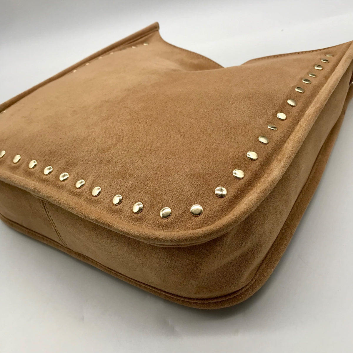 Light Brown Faux Suede &amp; Gold Accents Crossbody Bag