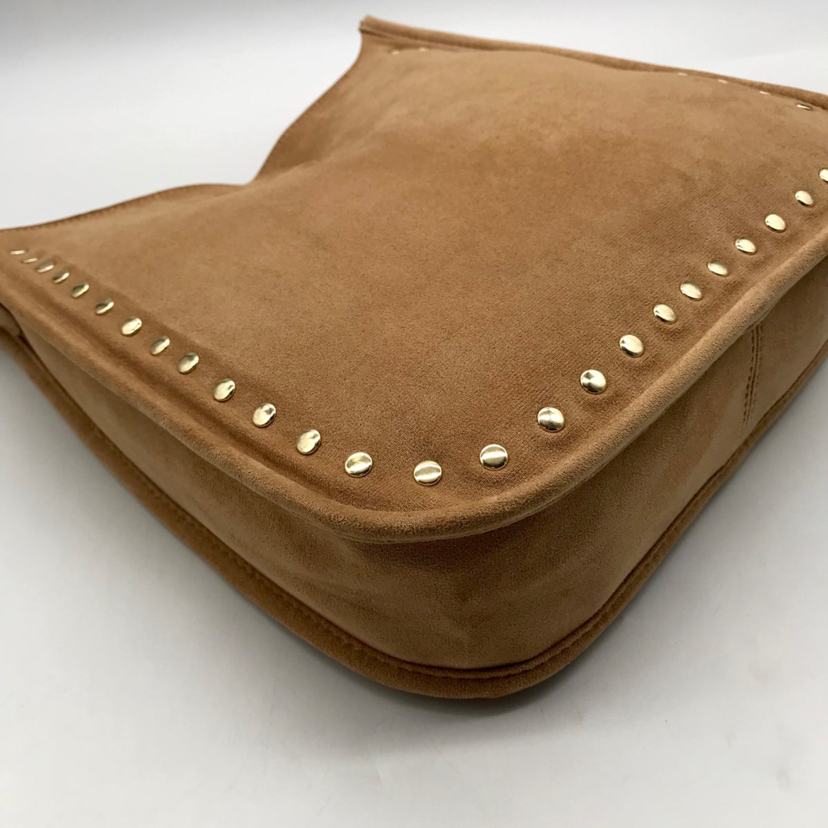 Light Brown Faux Suede &amp; Gold Accents Crossbody Bag