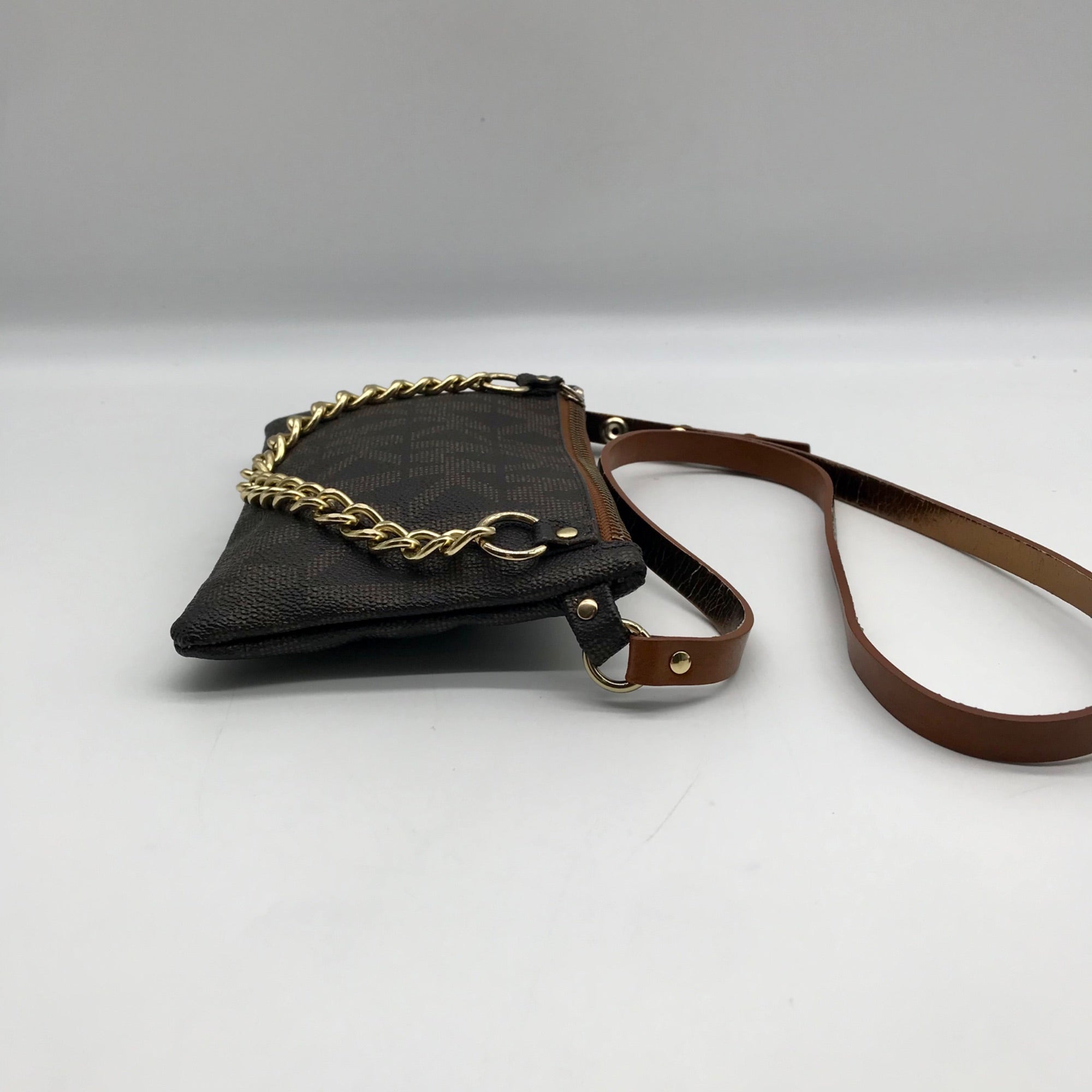 Michael Kors Brown Coated Canvas Monogram Chain Belt Bag