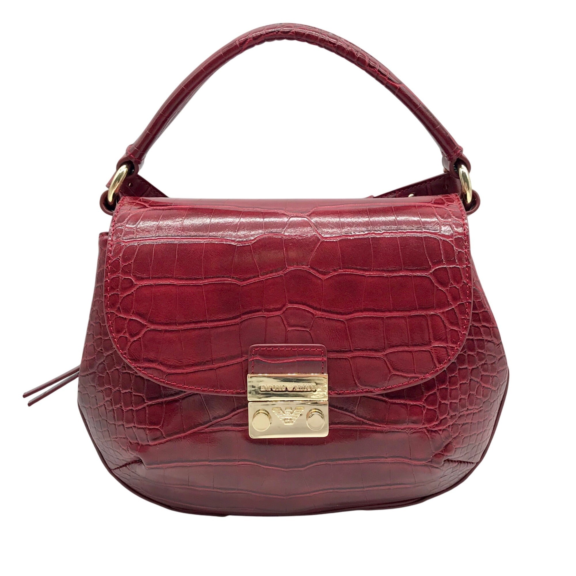 Emporio Armani Burgundy Croc Embossed Leather Crossbody Bag 