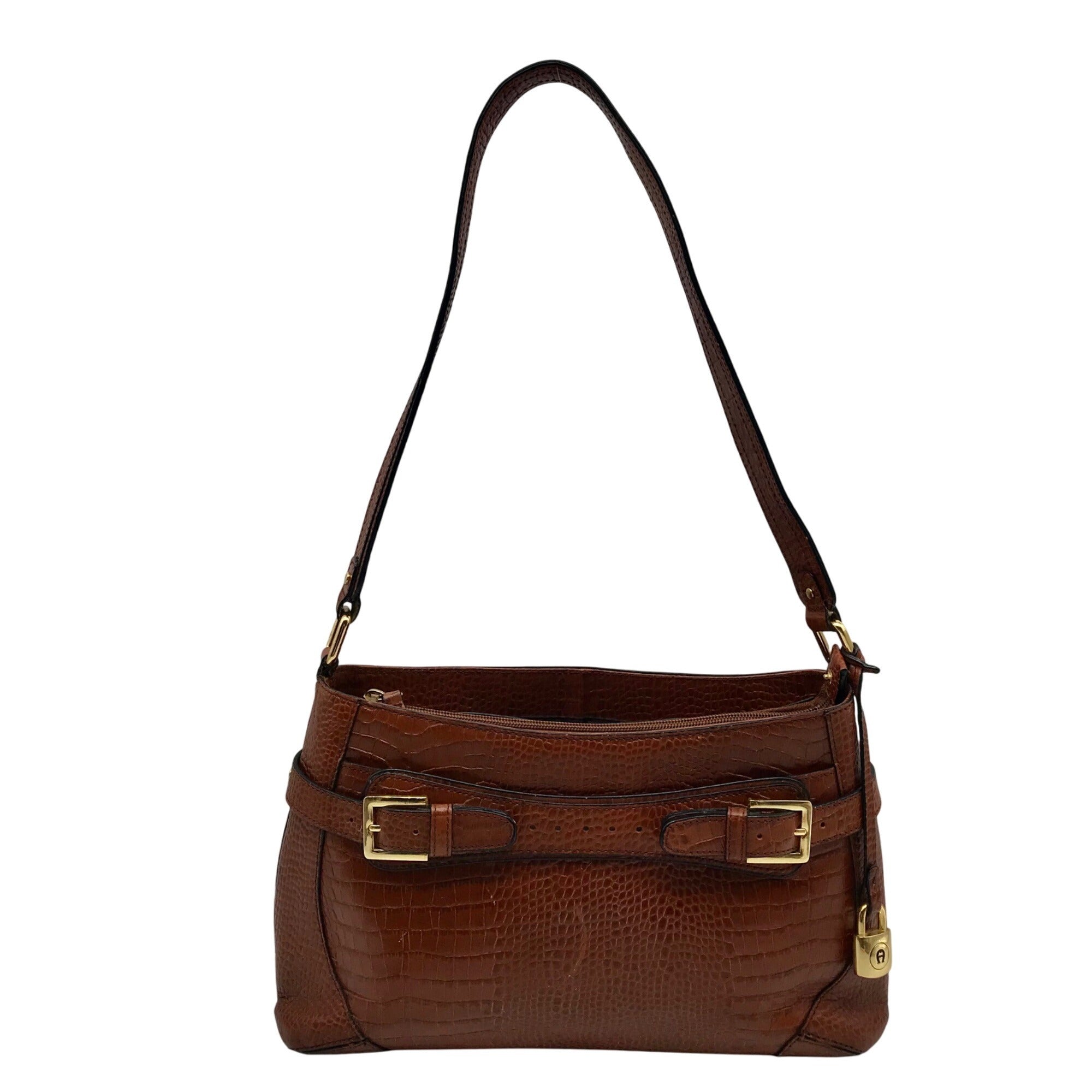 Etienne Aigner Brown Reptile Embossed Leather Shoulder Bag   