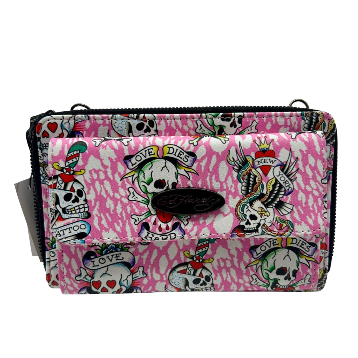 Ed Hardy Pink Faux Leather Skull Convertible Wallet