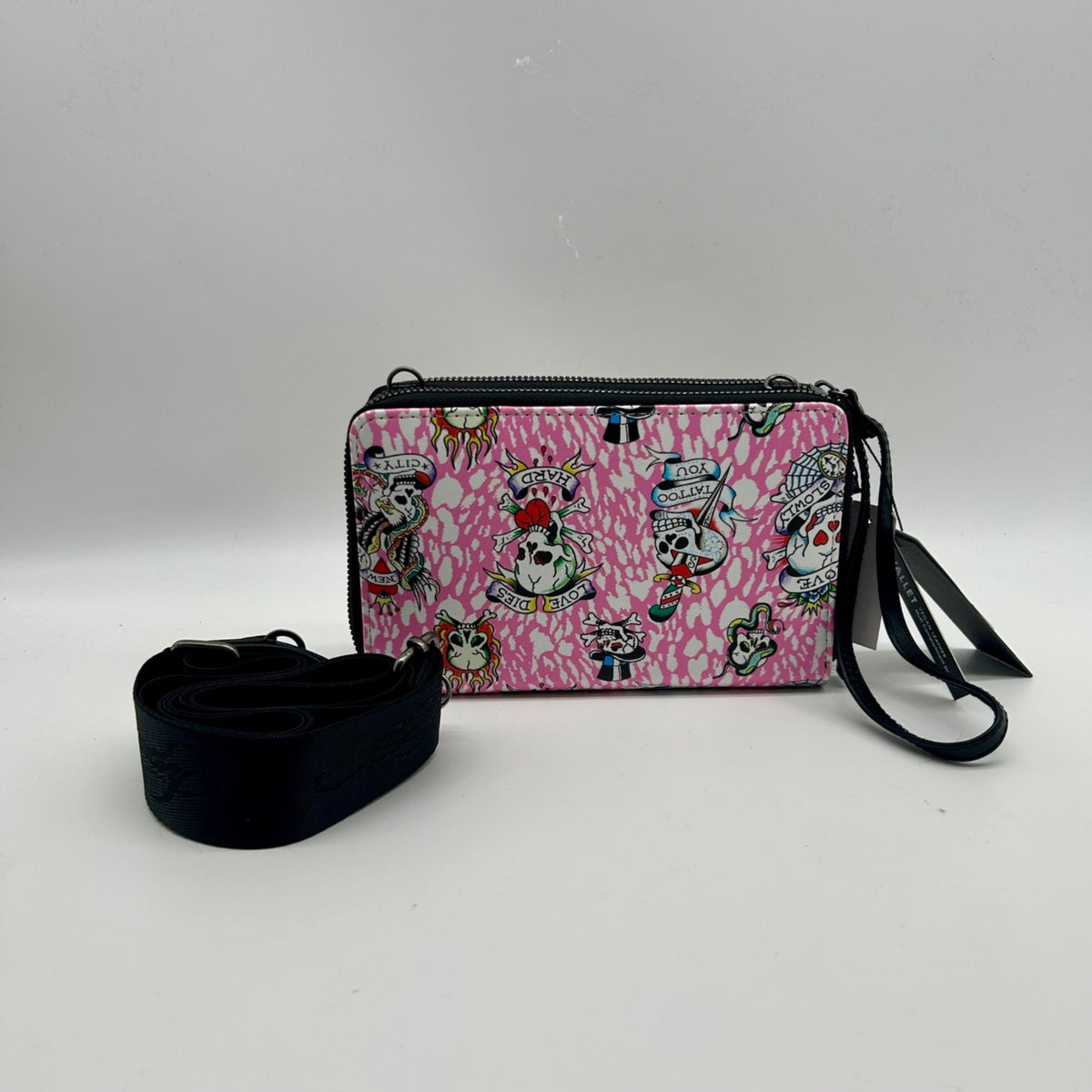 Ed Hardy Pink Faux Leather Skull Convertible Wallet