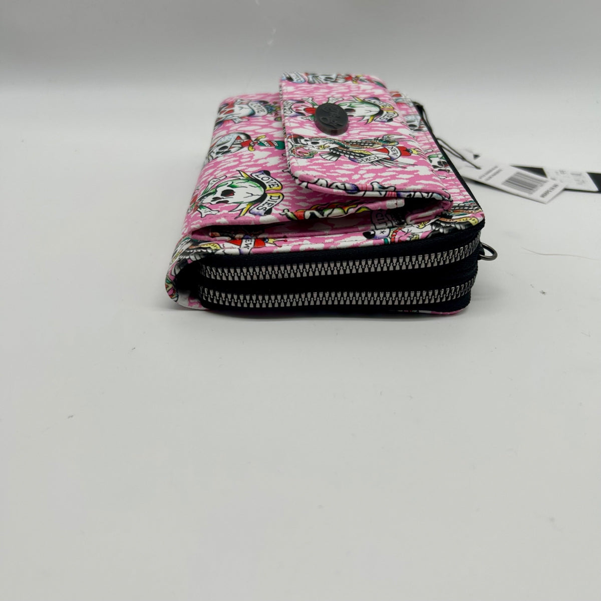 Ed Hardy Pink Faux Leather Skull Convertible Wallet