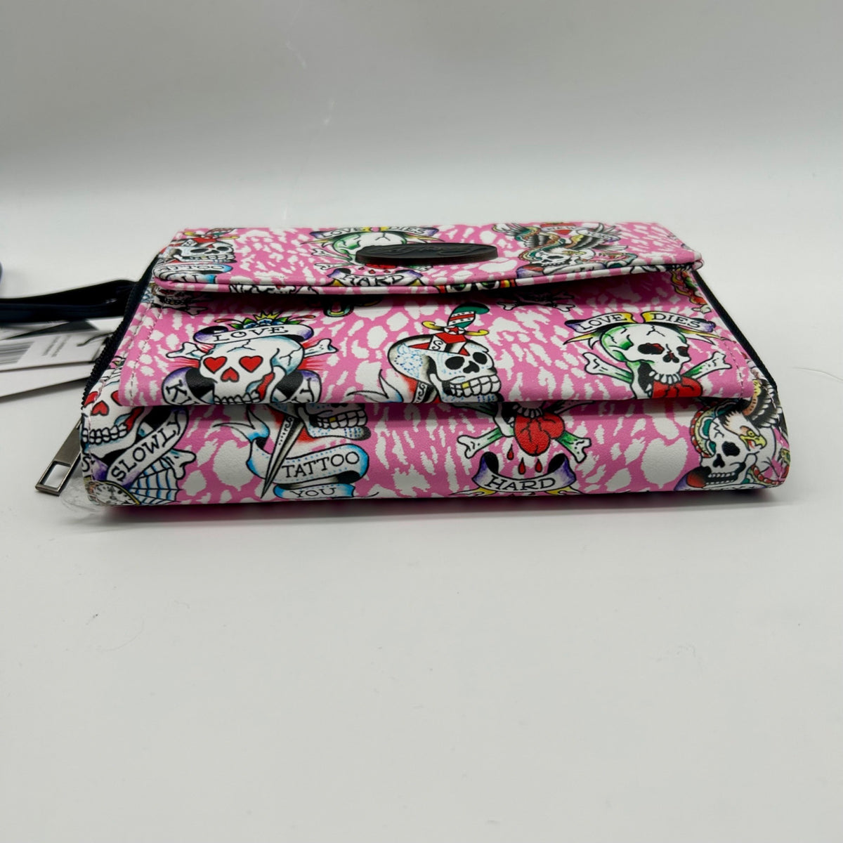 Ed Hardy Pink Faux Leather Skull Convertible Wallet