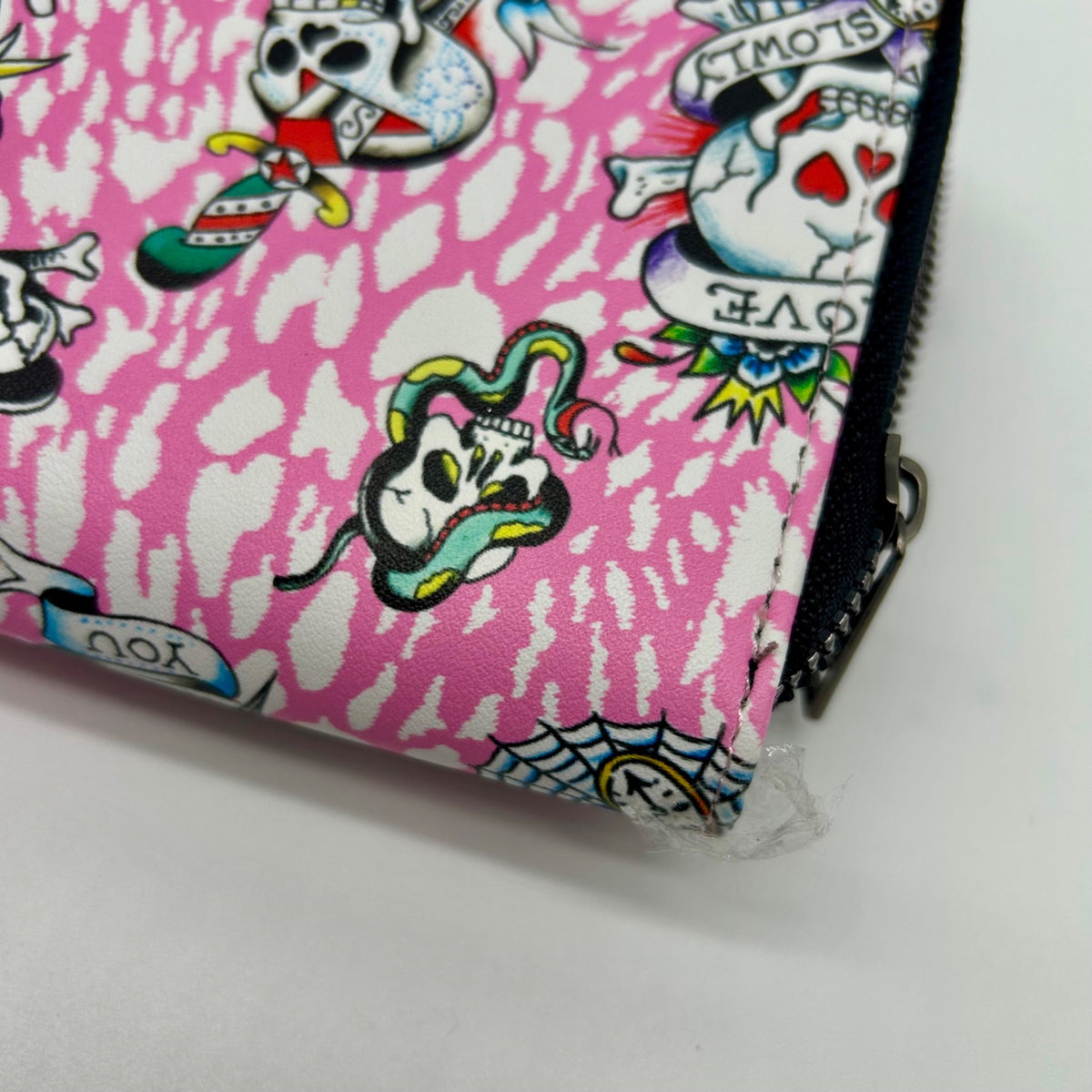 Ed Hardy Pink Faux Leather Skull Convertible Wallet