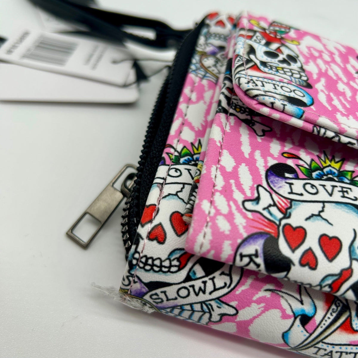 Ed Hardy Pink Faux Leather Skull Convertible Wallet