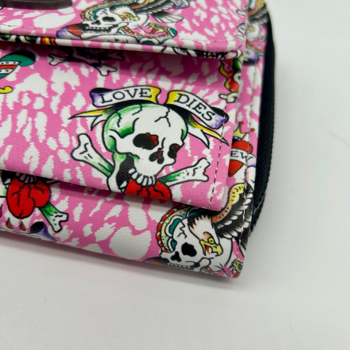 Ed Hardy Pink Faux Leather Skull Convertible Wallet
