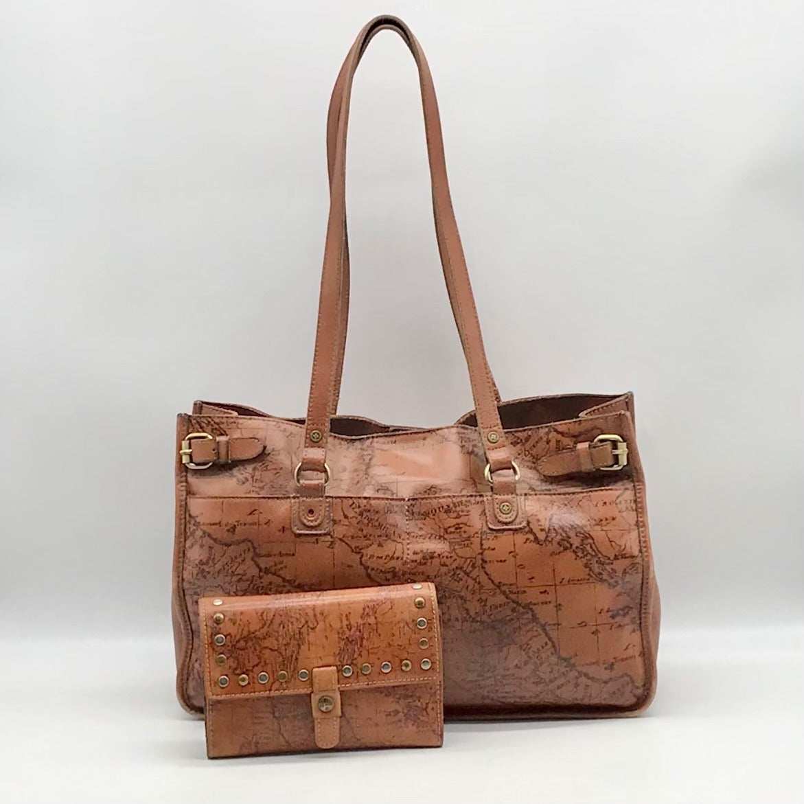 Patricia Nash Brown Leather Map Print Tote And Wallet