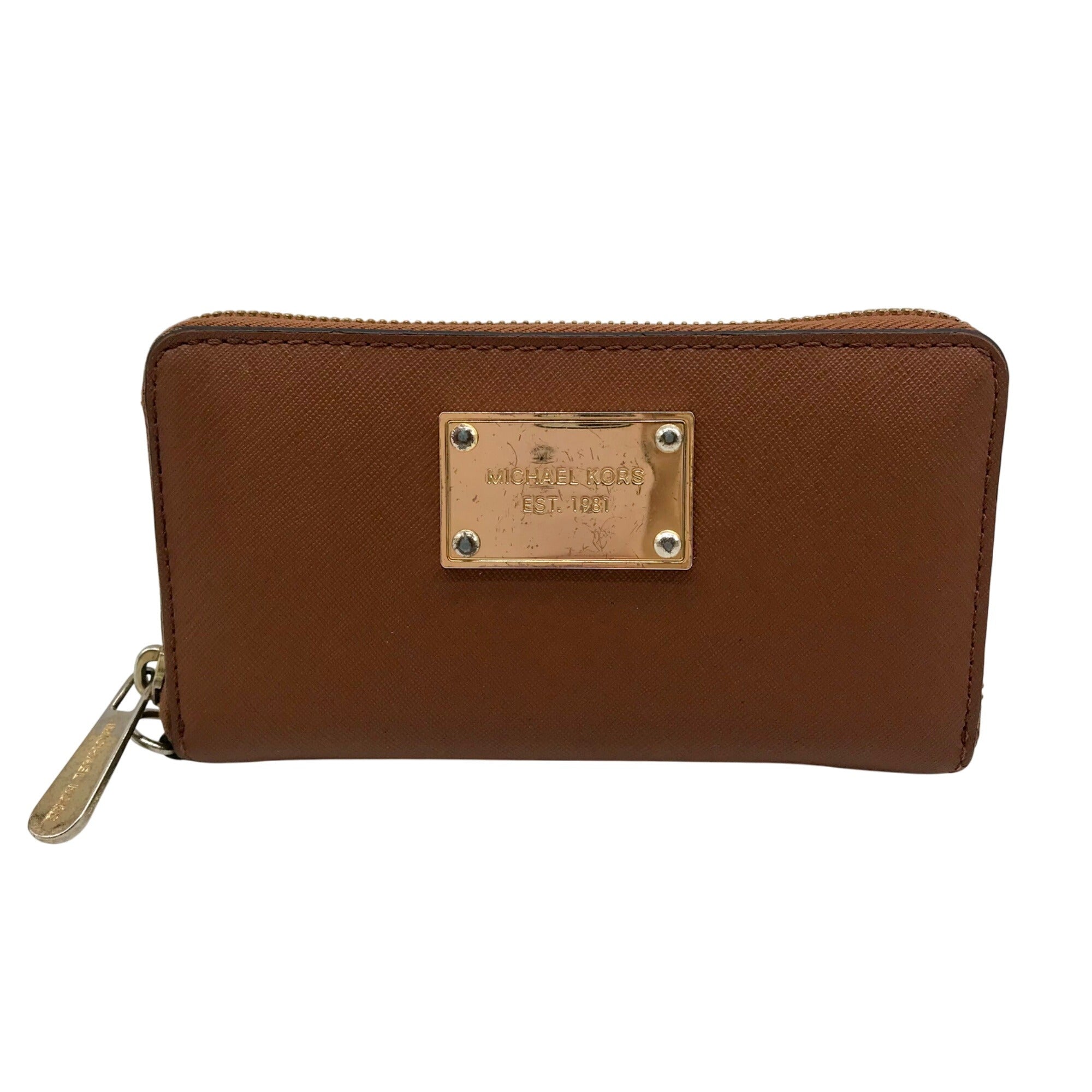 Michael Kors Brown Saffiano Leather Jet Set Zip Around Wallet