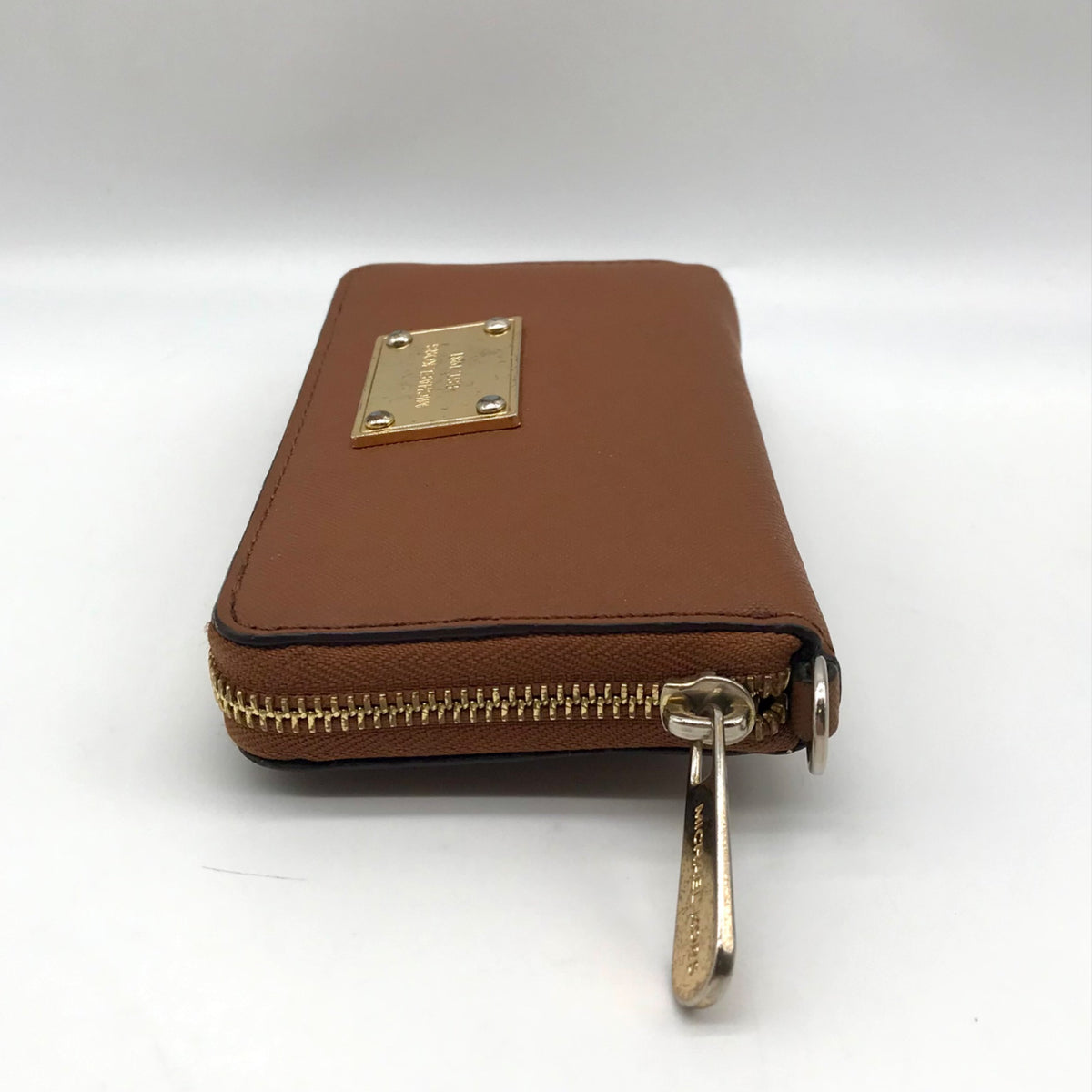 Michael Kors Brown Saffiano Leather Jet Set Zip Around Wallet