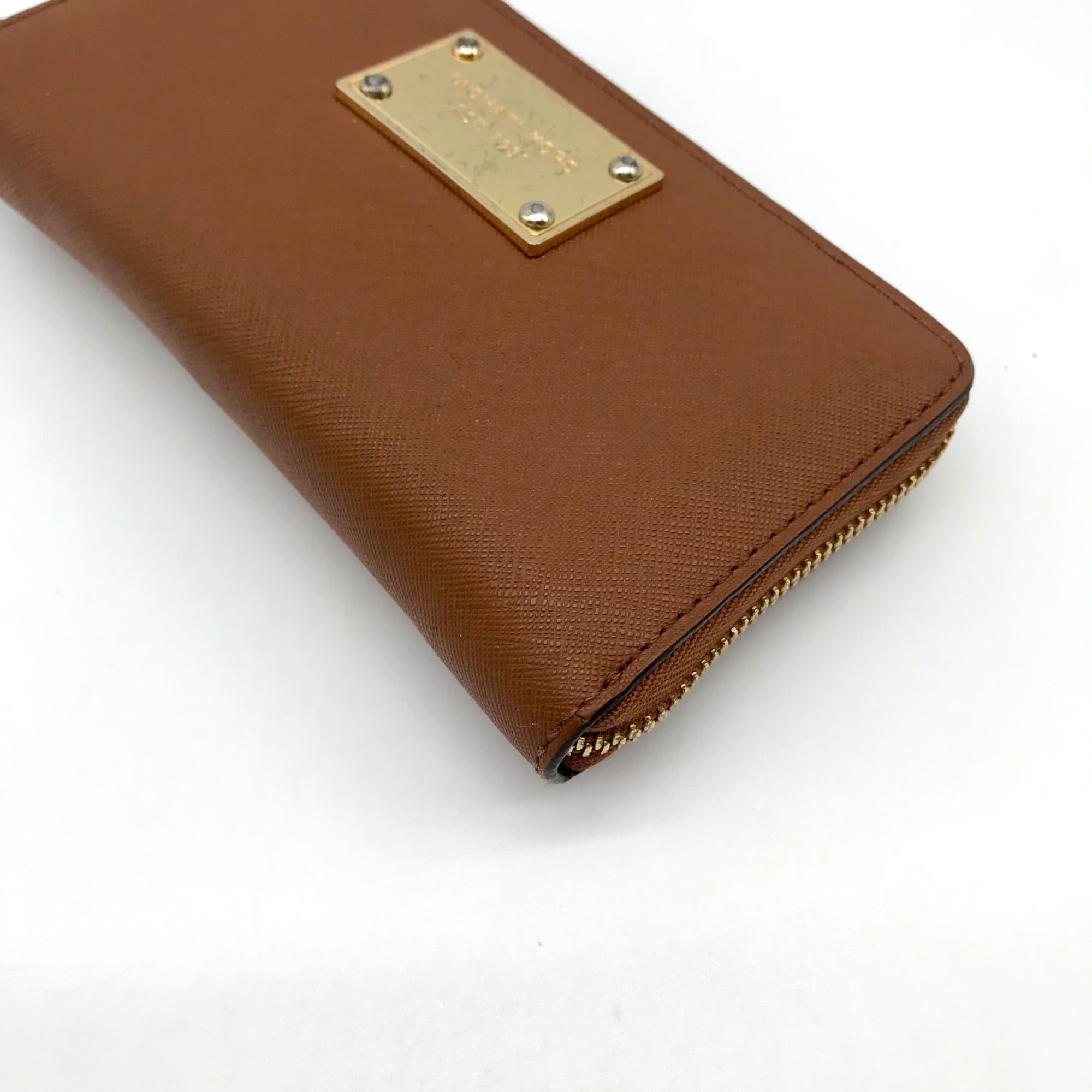 Michael Kors Brown Saffiano Leather Jet Set Zip Around Wallet