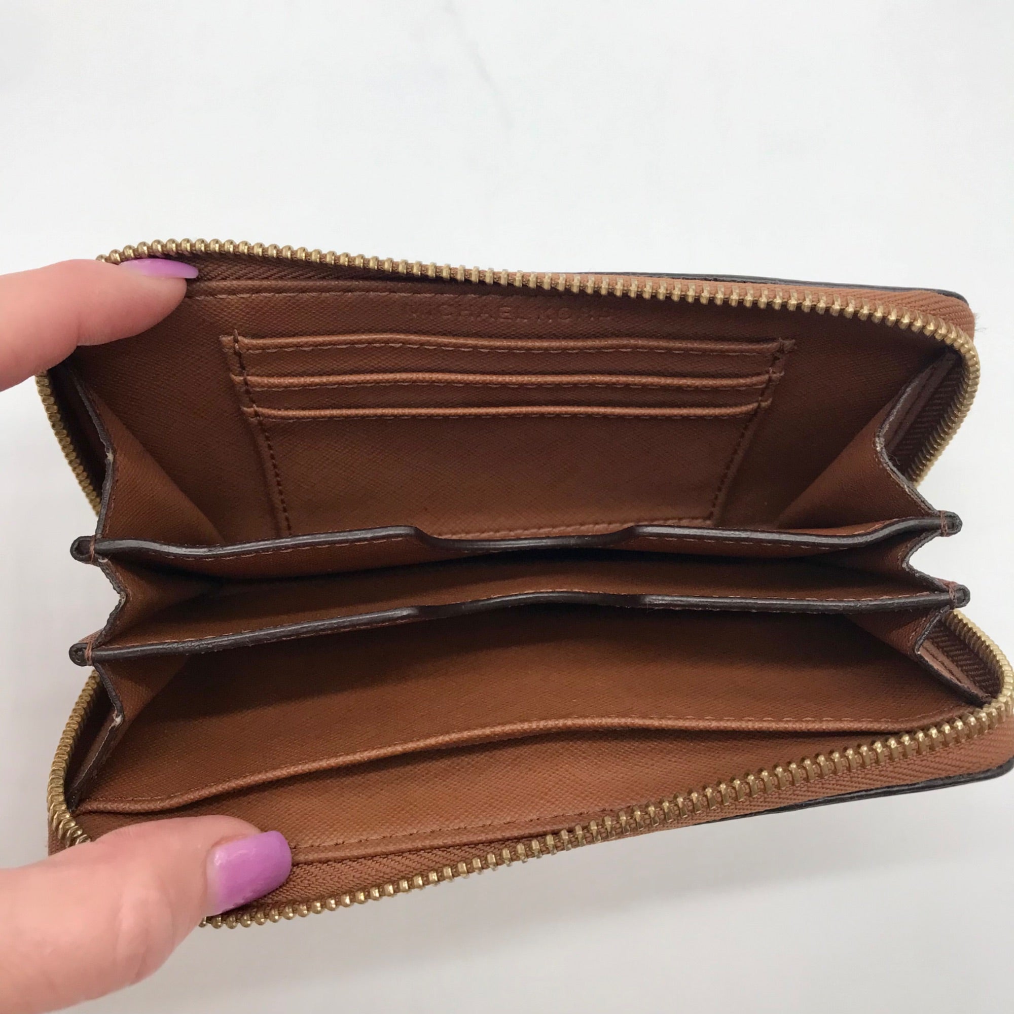 Michael Kors Brown Saffiano Leather Jet Set Zip Around Wallet