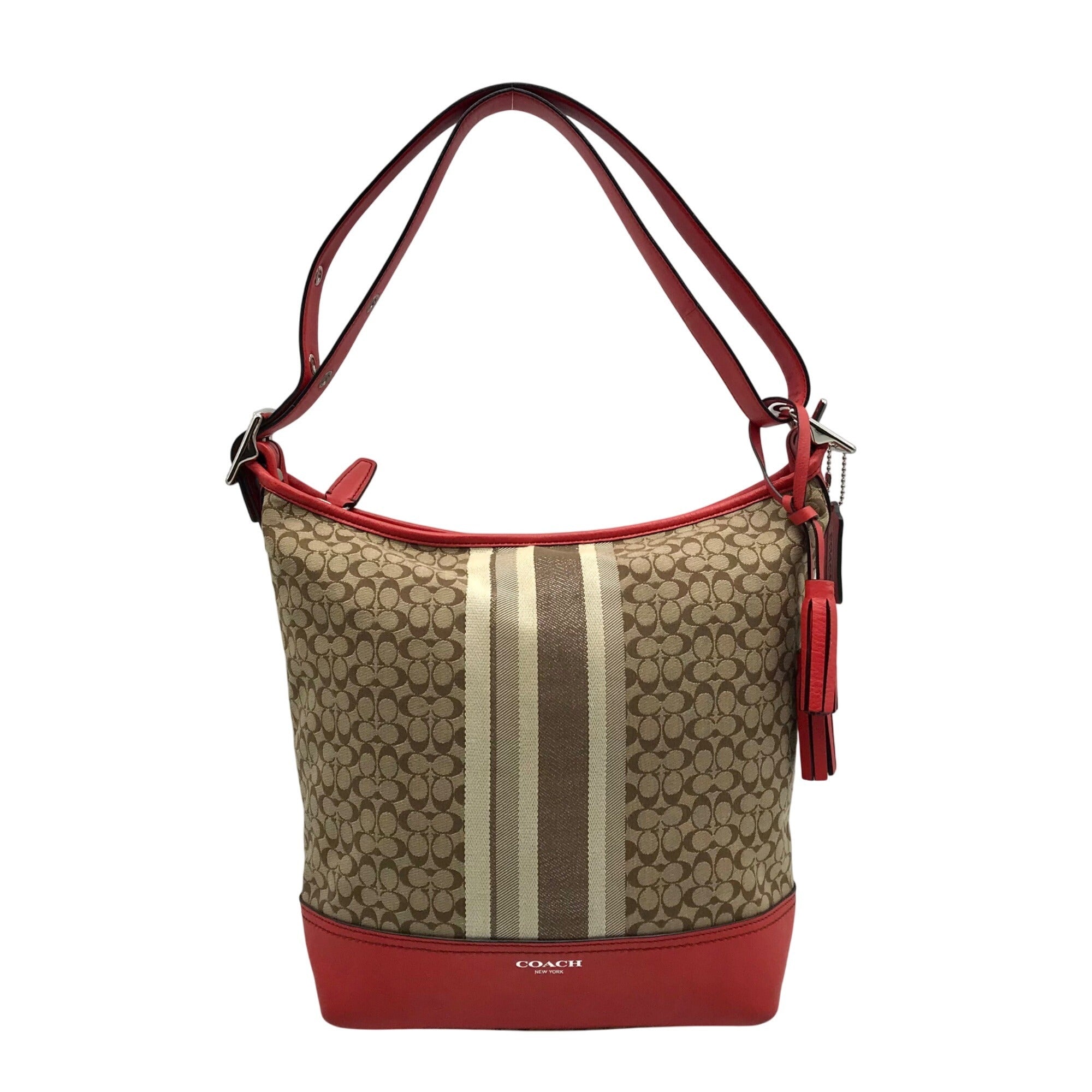 Coach Red / Tan Canvas And Leather Signature Legacy Stripe Duffle Bag  19918