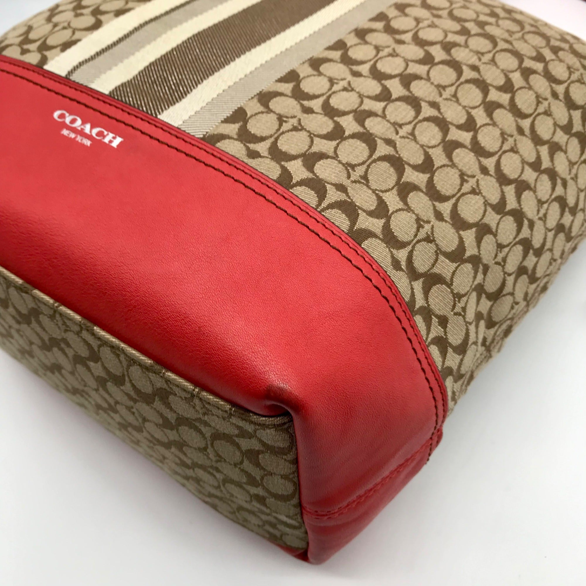 Coach Red / Tan Canvas And Leather Signature Legacy Stripe Duffle Bag  19918