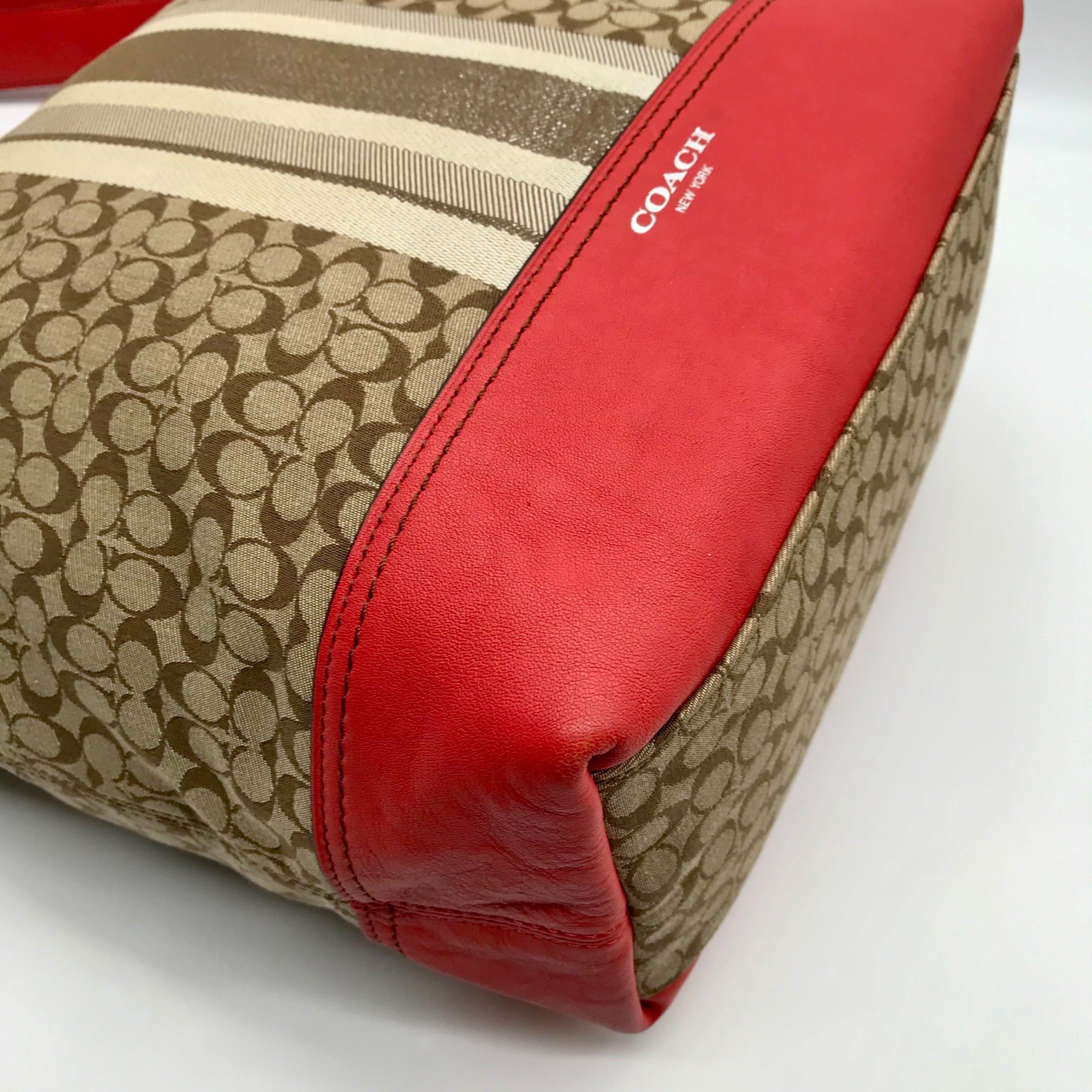 Coach Red / Tan Canvas And Leather Signature Legacy Stripe Duffle Bag  19918