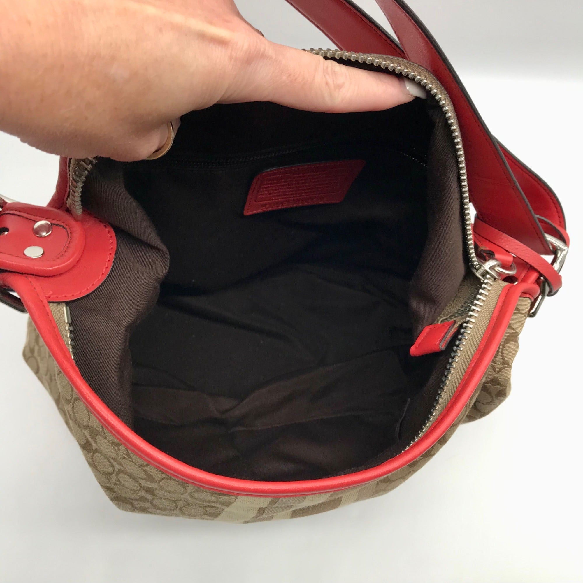 Coach Red / Tan Canvas And Leather Signature Legacy Stripe Duffle Bag  19918