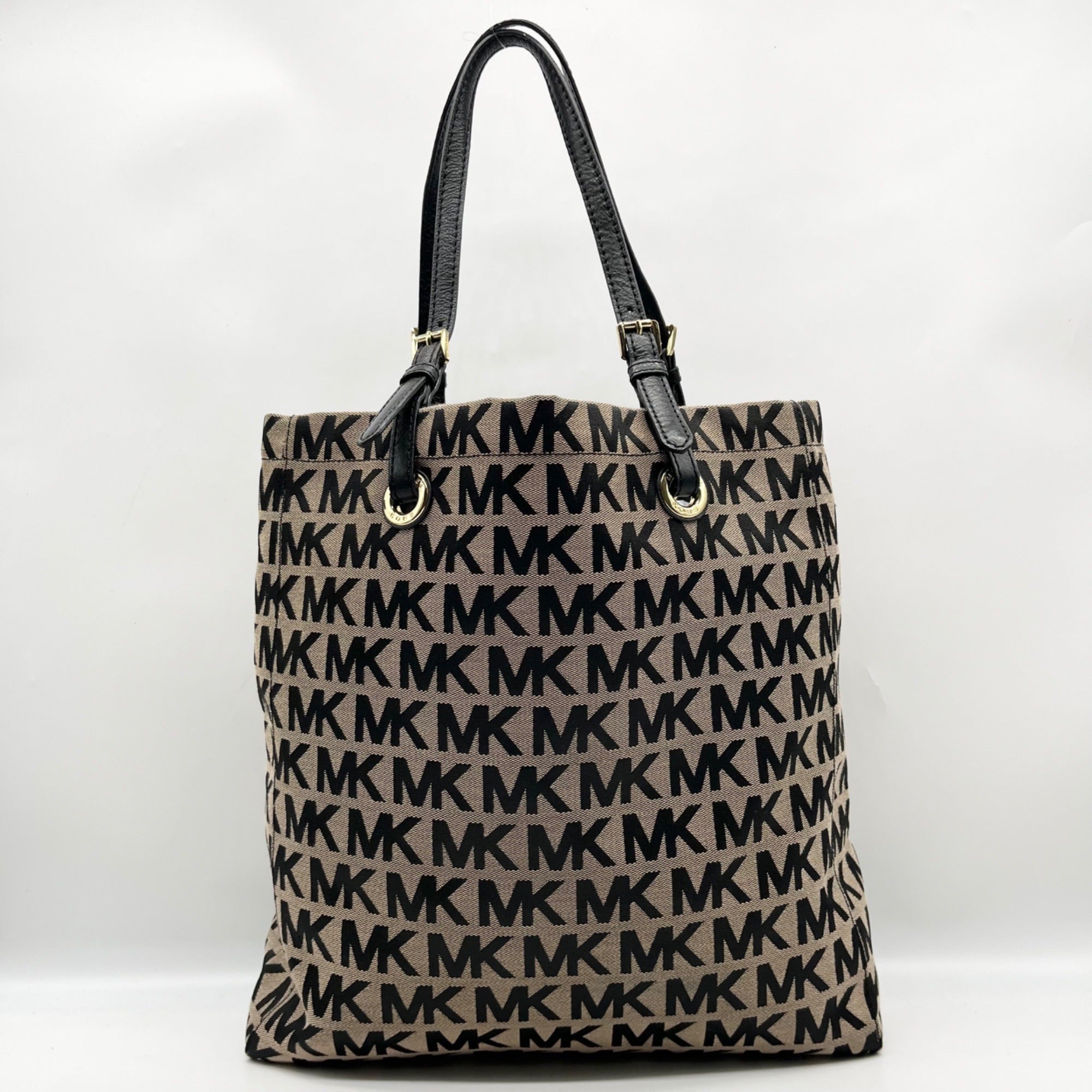 Michael Kors Khaki &amp; Black Logo Print Canvas Jet Set Tote Bag