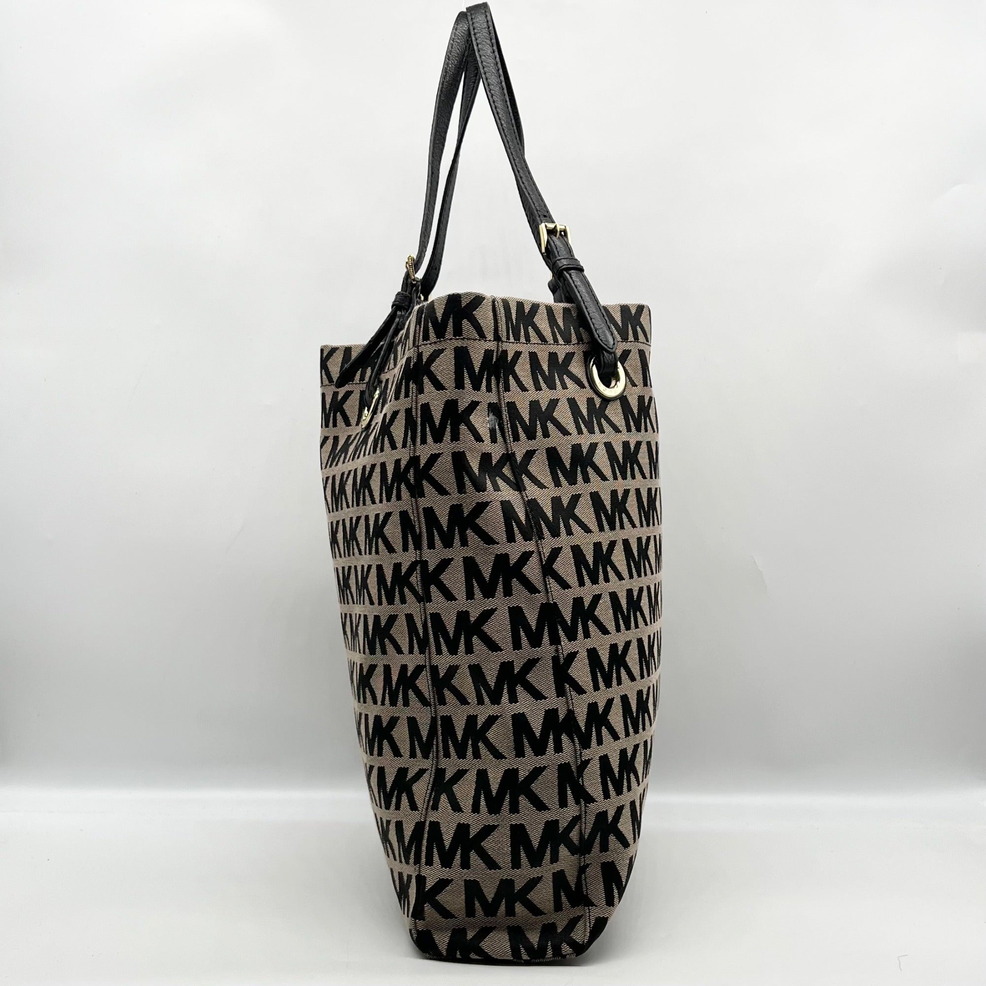 Michael Kors Khaki &amp; Black Logo Print Canvas Jet Set Tote Bag