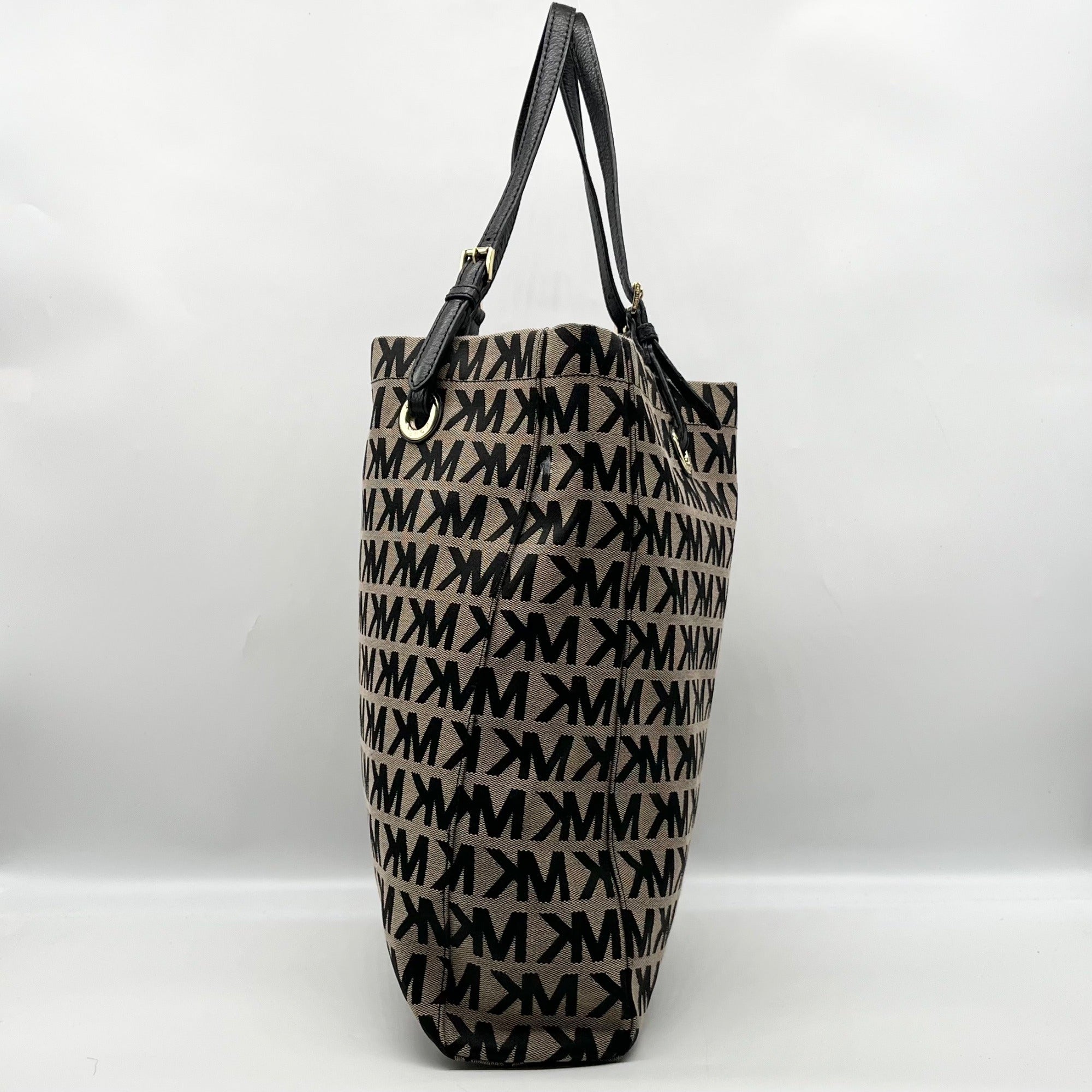 Michael Kors Khaki &amp; Black Logo Print Canvas Jet Set Tote Bag