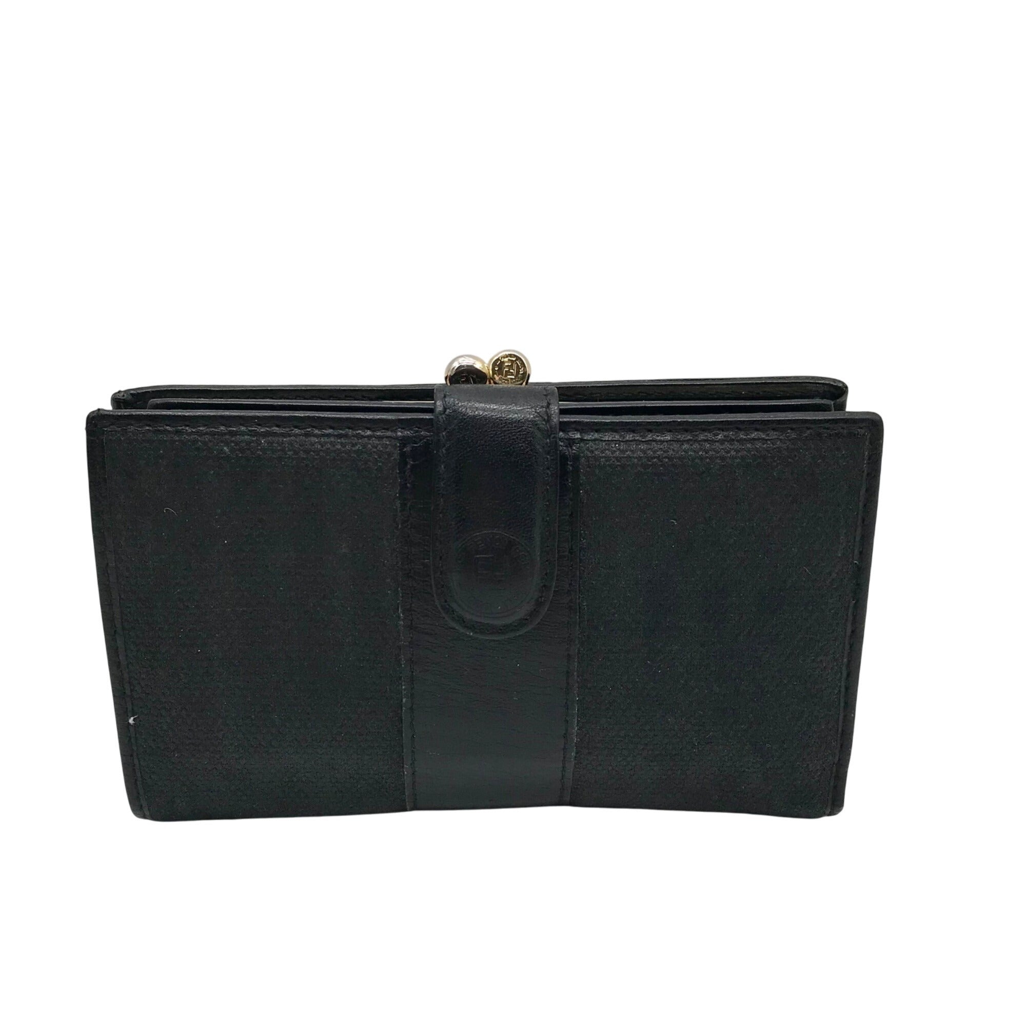 Fendi Black Canvas And Leather Vintage Kiss Lock Wallet 