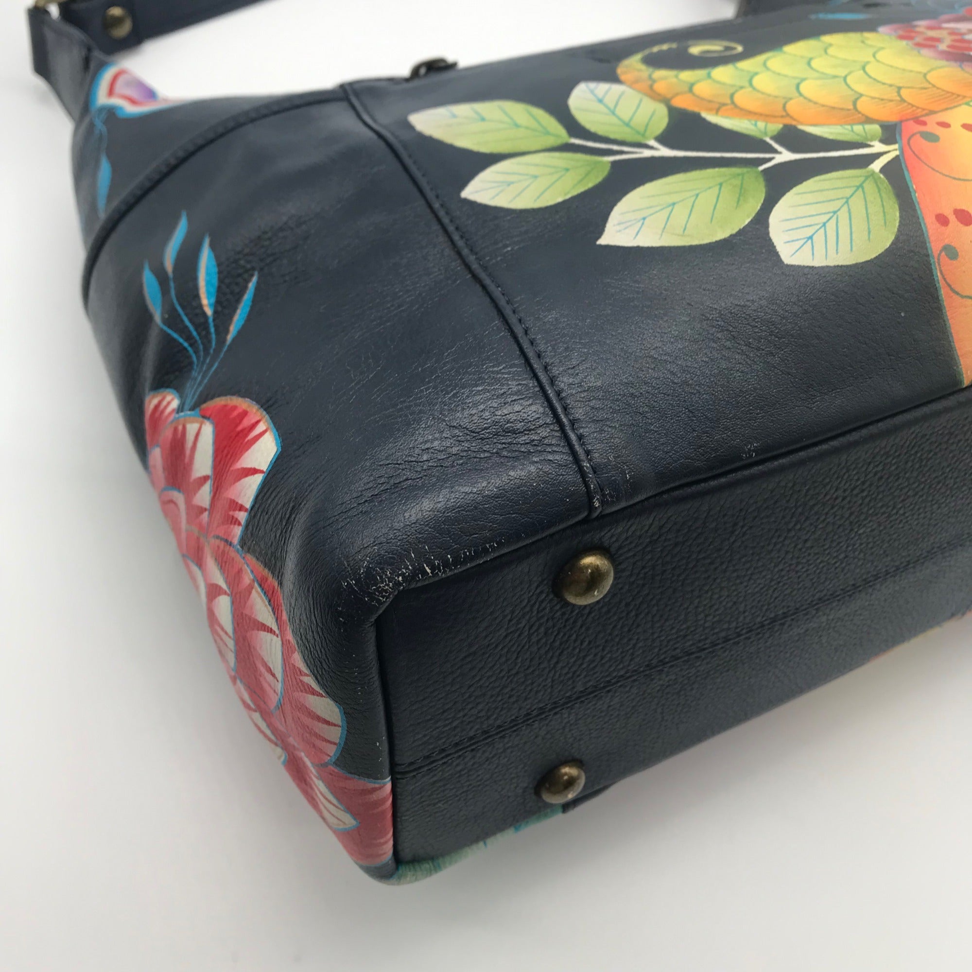 Anuschka Navy Leather Hand Painted Floral Hobo Bag