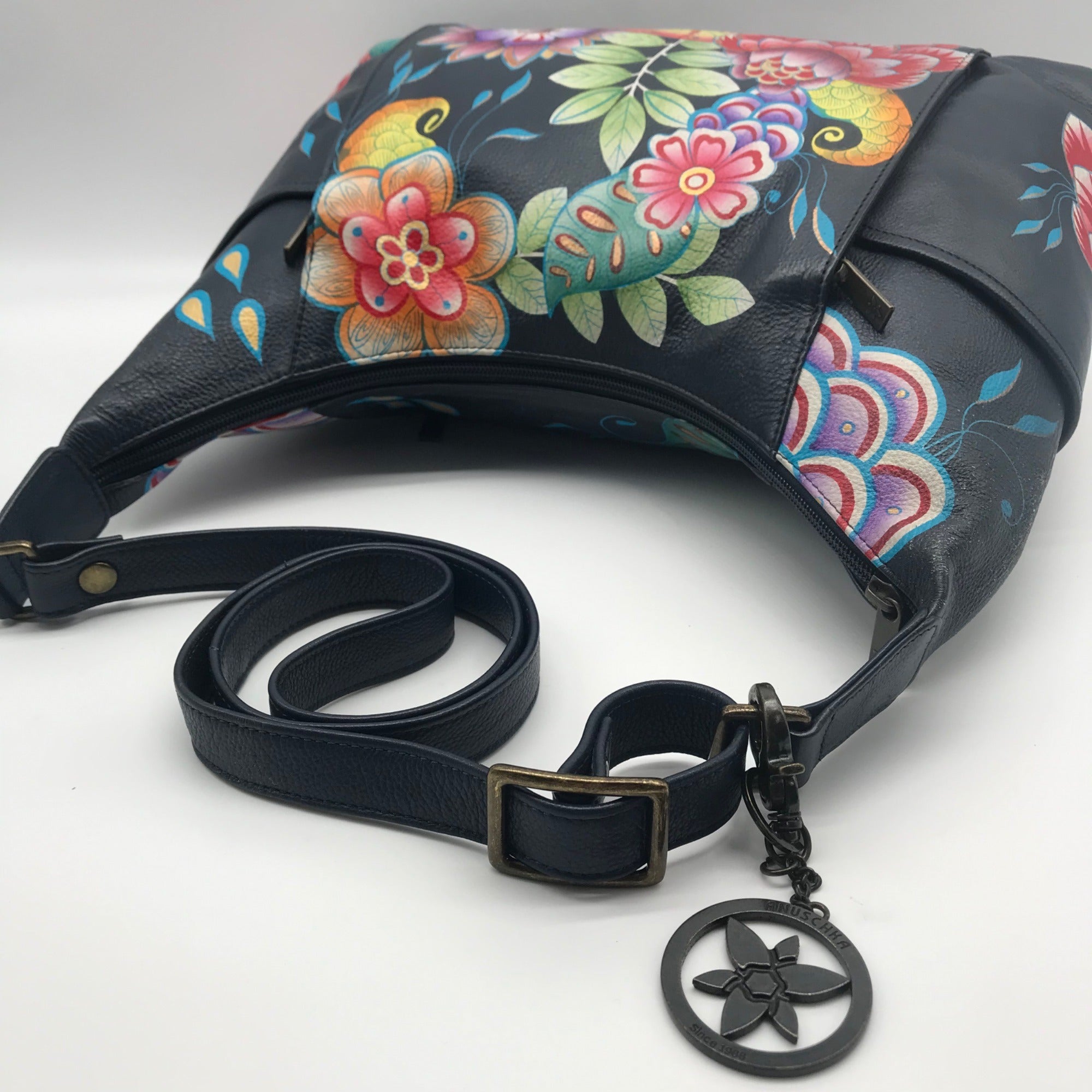 Anuschka Navy Leather Hand Painted Floral Hobo Bag