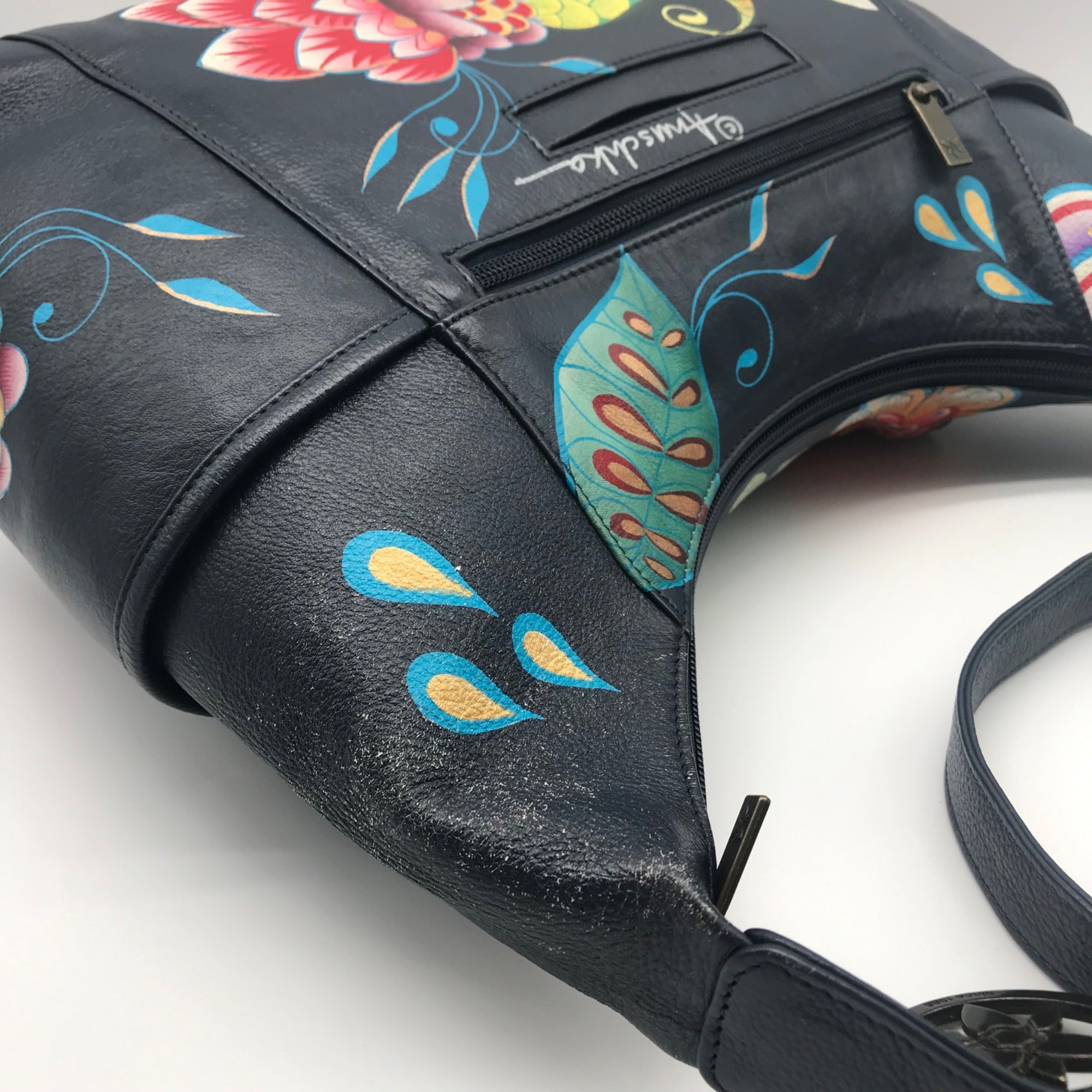 Anuschka Navy Leather Hand Painted Floral Hobo Bag