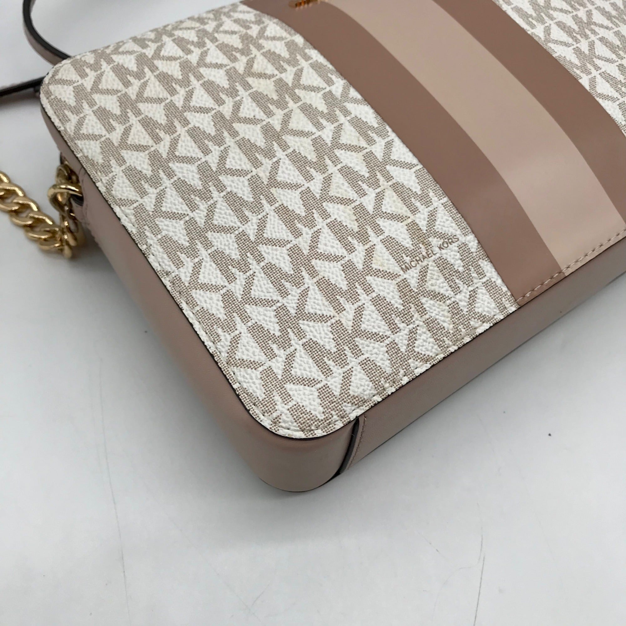 Michael Kors Vanilla And Pink Leather Signature Stripe Jet Set Crossbody