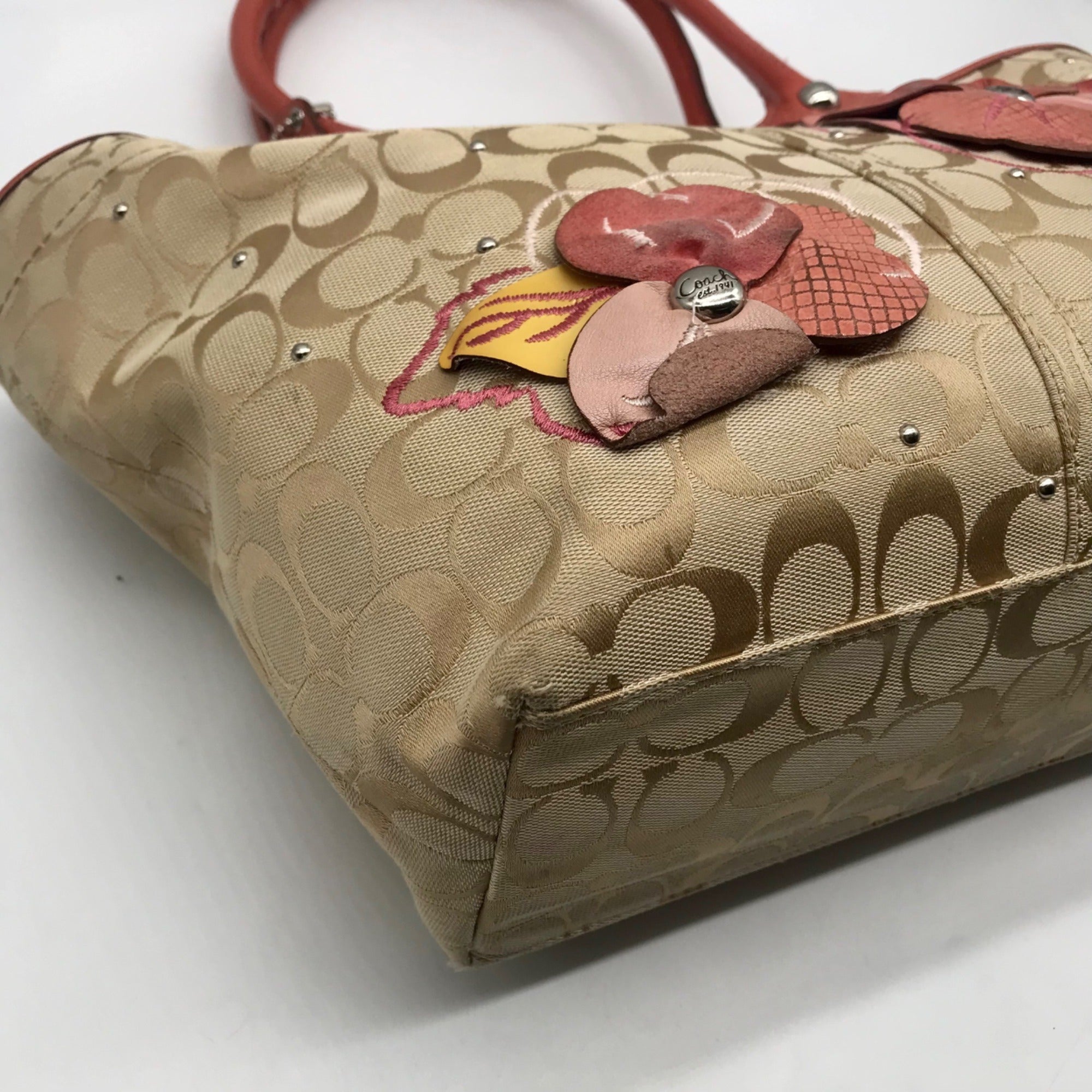 Coach Tan Signature Canvas Bleecker Floral Applique Tote