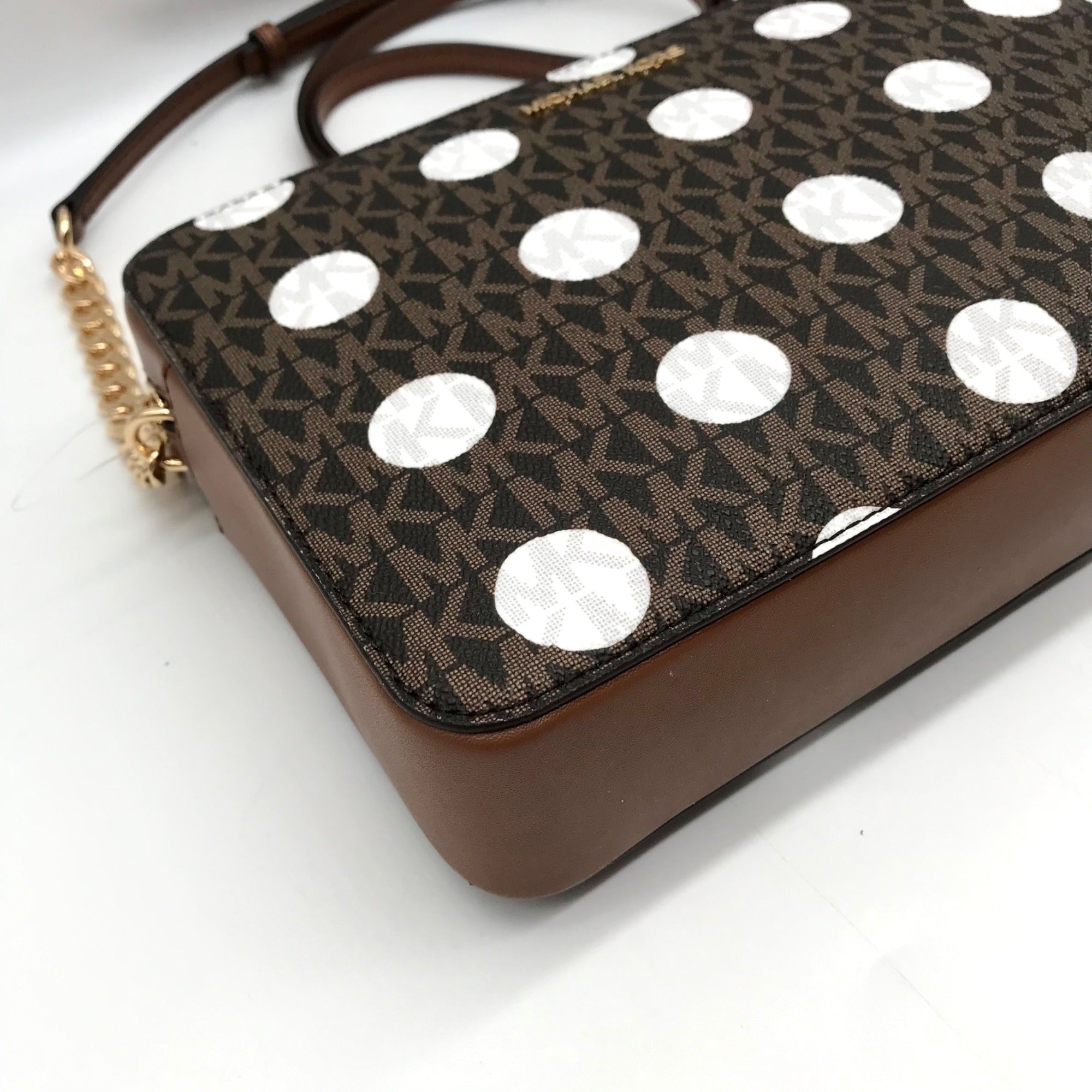 Michael Kors Brown Coated Canvas Jet Set Polkadot Crossbody Bag