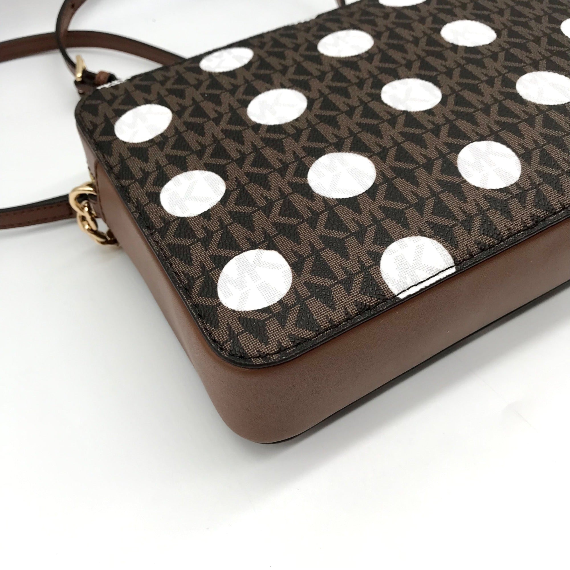 Michael Kors Brown Coated Canvas Jet Set Polkadot Crossbody Bag